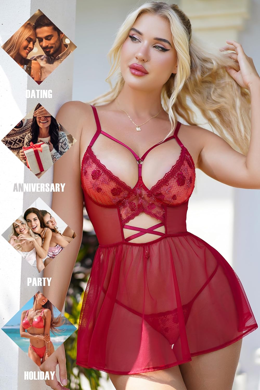 Red Lace Chemise for Women See Through Lingerie Sexy Mini Babydoll Sheer Floral Nightgown Robe Negligee - Image 3