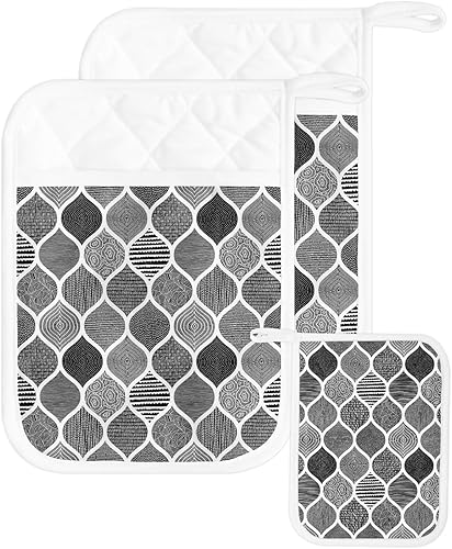 Black Bohemia 2Pcs Pot Holders for Kitchen,Non Slip & Heat Insulation Terry Cloth Potholder Set with Pocket,Thick Hot Pad Oven Mitts Trivet Coaster