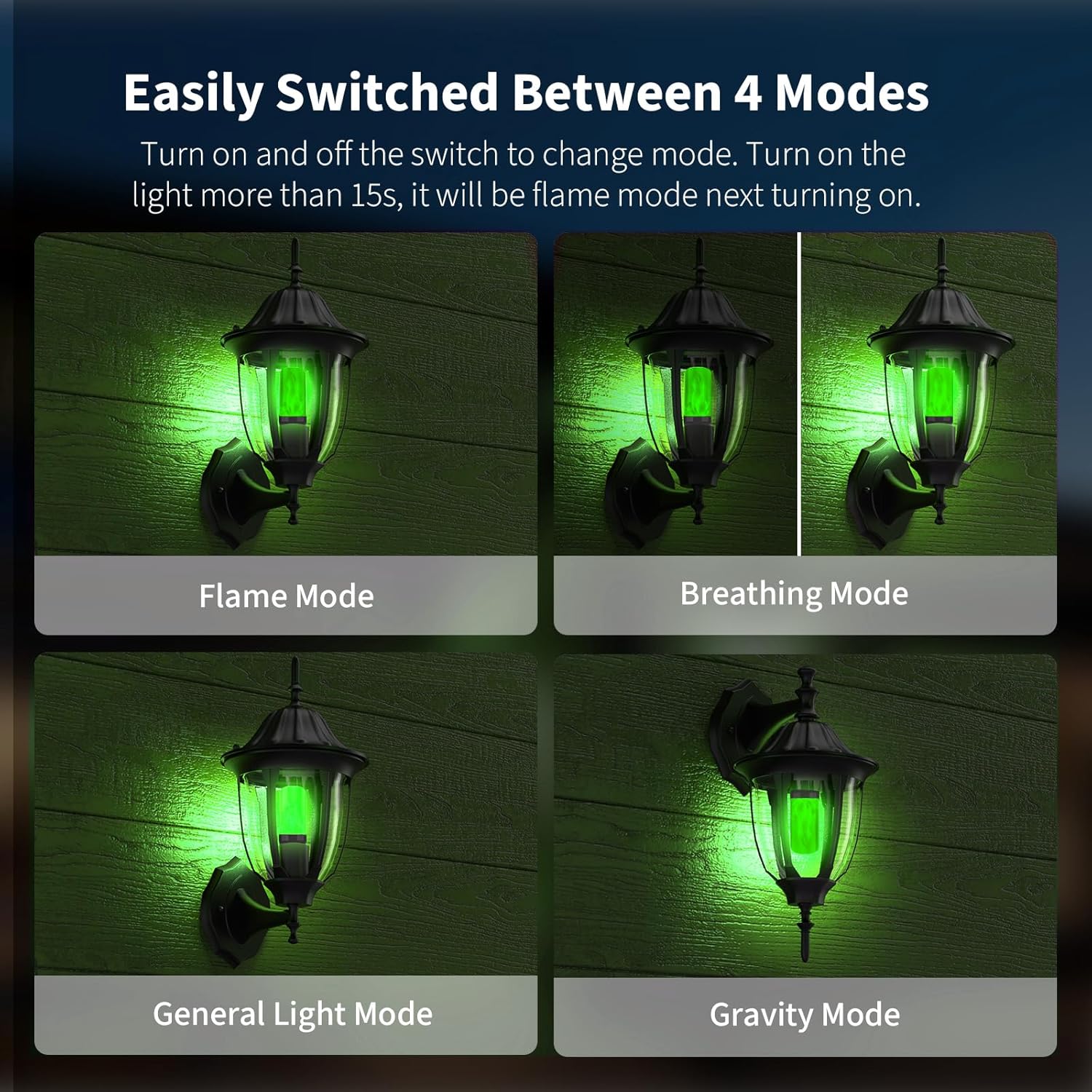 Morsatie【Upgraded LED Flame Light Bulbs, 4-Mode Flickering Light Bulbs with Upside Down Effect, E26 Fire Light Bulb for Halloween Christmas Party Porch Patio Indoor Outdoor, 4 Green