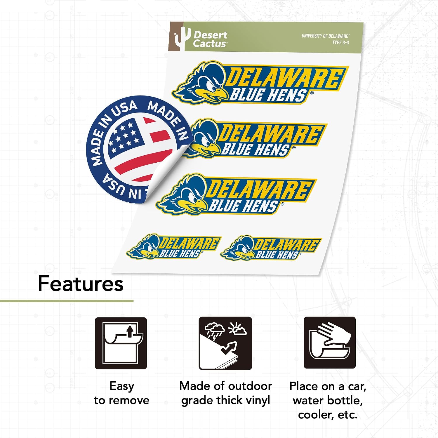 Desert Cactus University of Delaware Sticker Fightin Blue Hens UD Vinyl Decals Laptop Water Bottle Car Scrapbook T3 (Type 3-3)