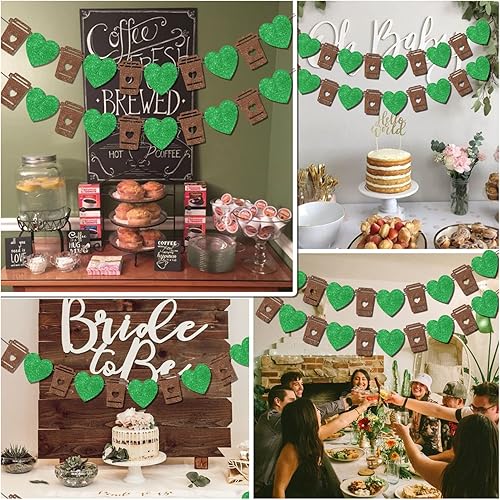 Miniatura 5 de Cartel de café verde taza de café con purpurina y guirnalda de corazón pancarta con leche para cumpleaños despedida de soltera compromiso boda