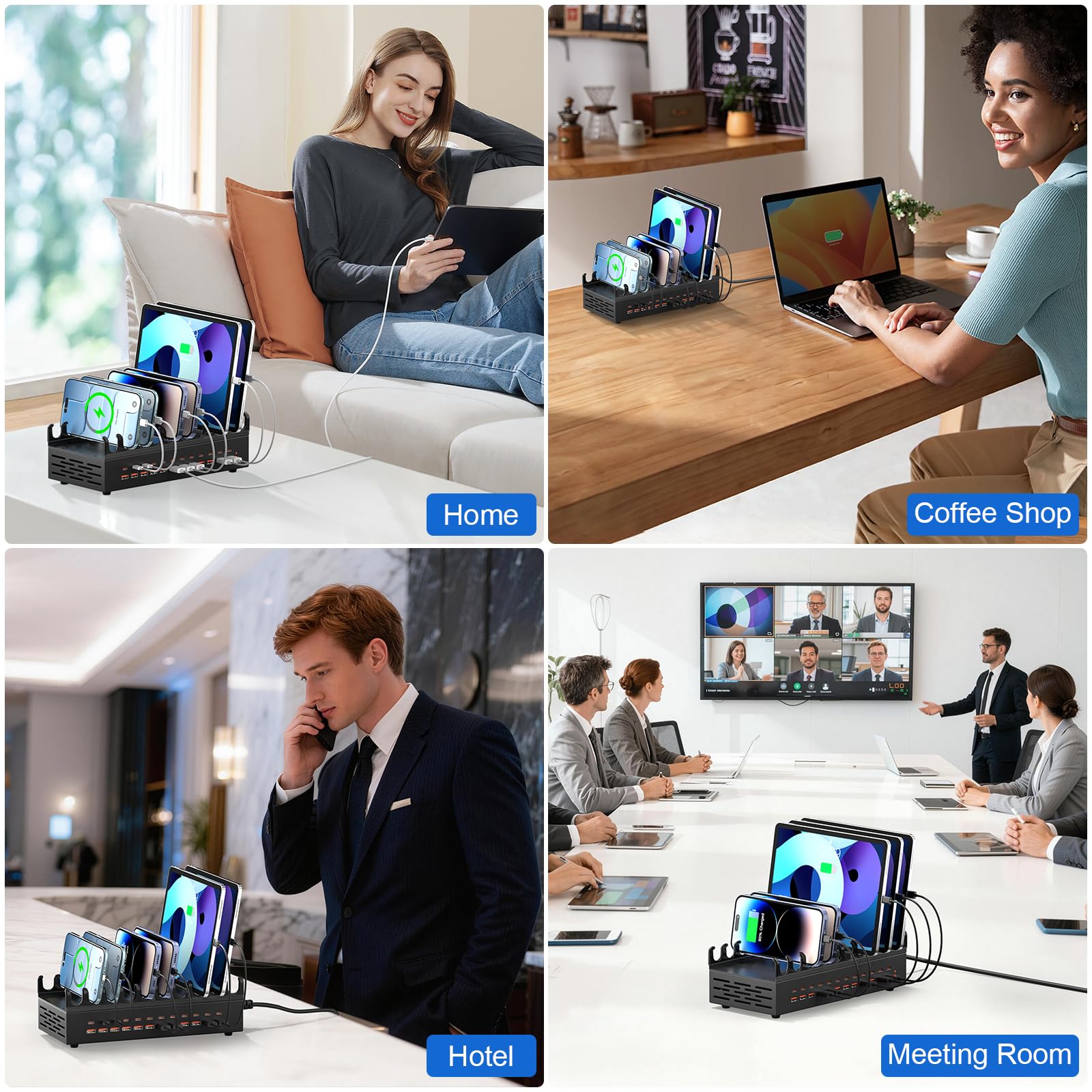 Estación de carga multipuerto USB de 300 W, 24 puertos de carga rápida, compatible con teléfonos, iPad, AirPods, consolas de juegos, pequeña y segura para el hogar, la oficina y los viajes