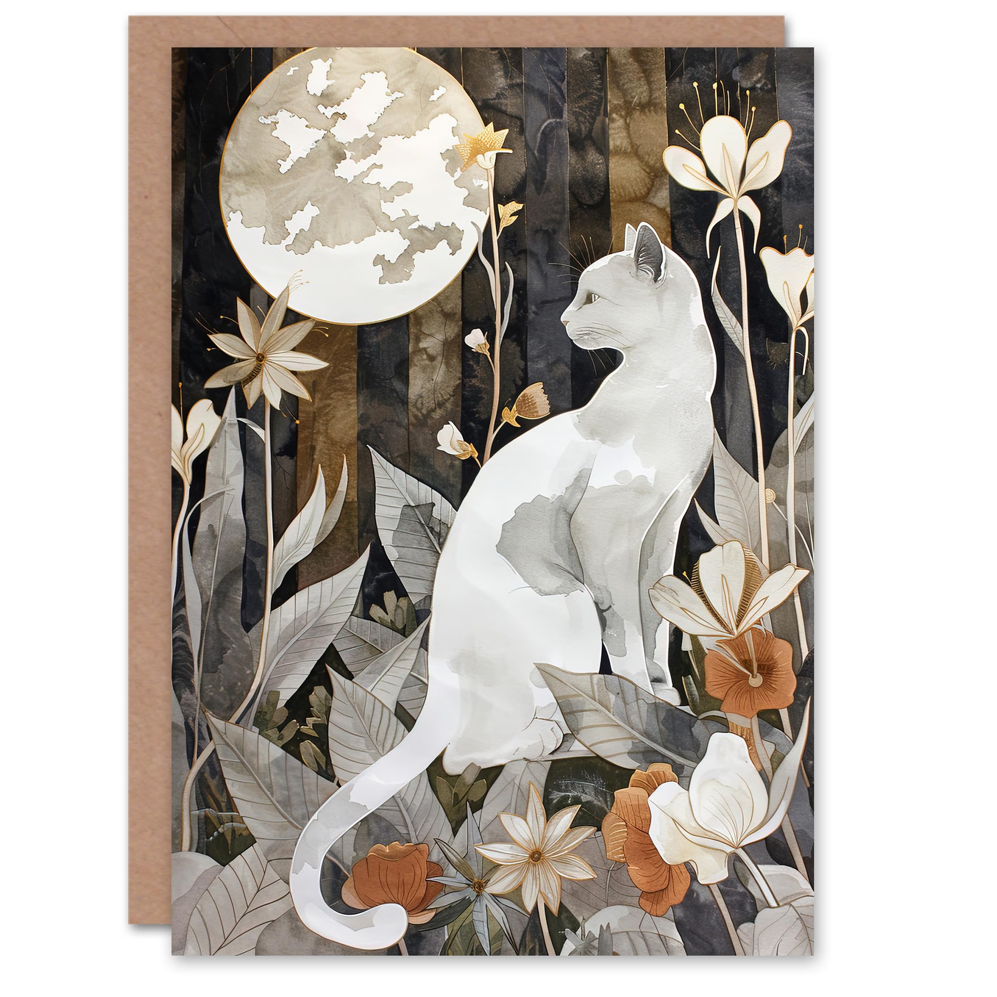 Artery8 Greeting Card Cat Lover Floral Forest Full Moon Watercolour Blank For Him Or Her Art Birthday Card