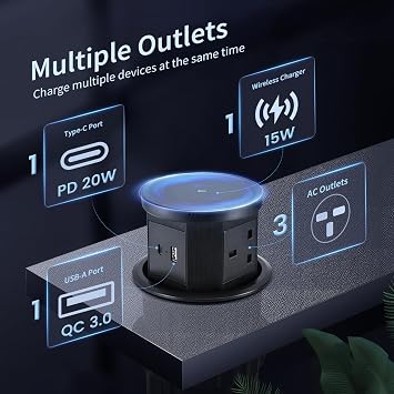 Pop up Socket, Pop up Power Sockets with 15W Wireless Fast Charger, Safe Touchscreen Automatic Pop up Extension Socket with USB & Type C Port for Home Office Kitchen Worktops Desktop (Black)