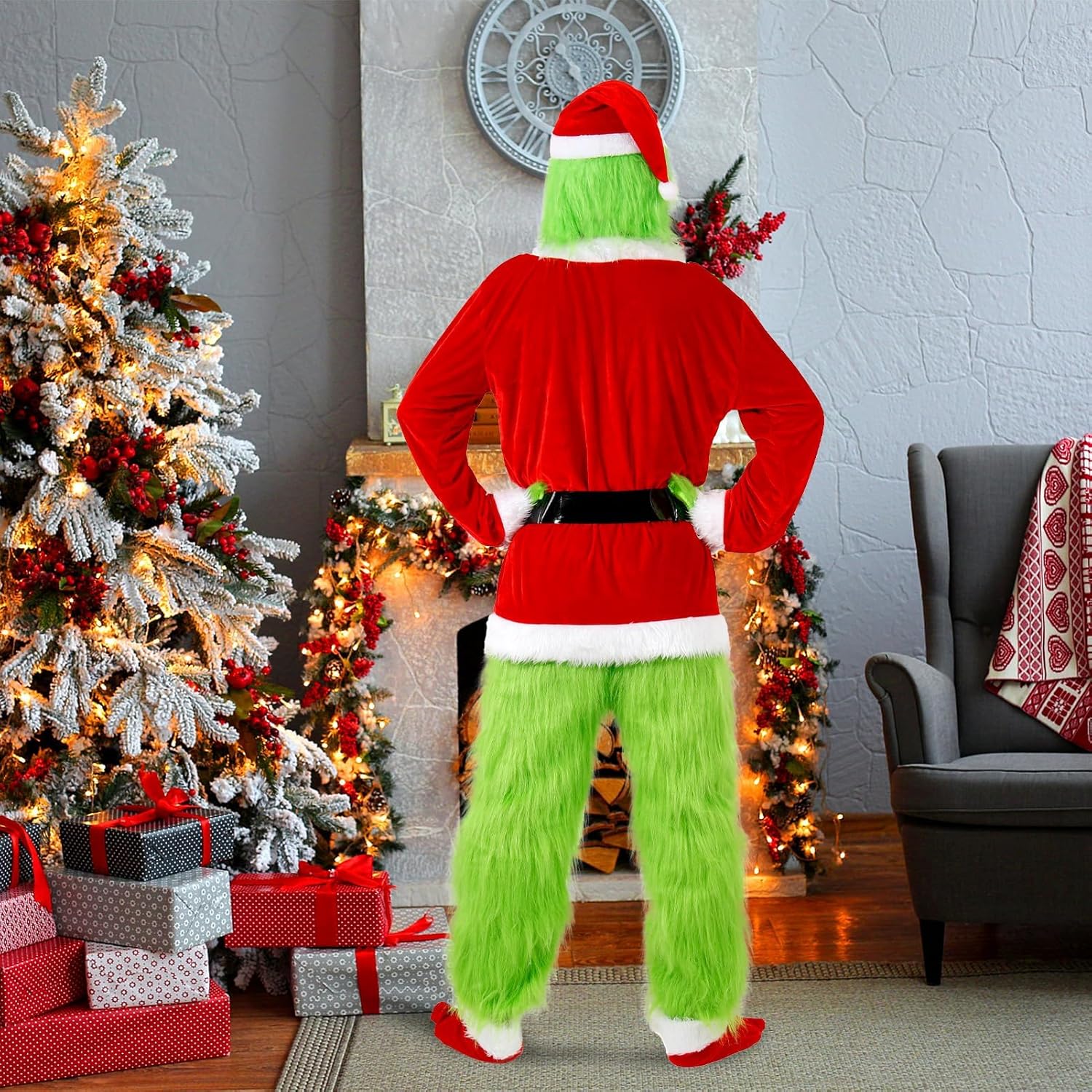 QwayHome Christmas Green Costume for Adult, 7Pcs Deluxe Green Santa Cosplay Furry Suit with Mask for Men Women