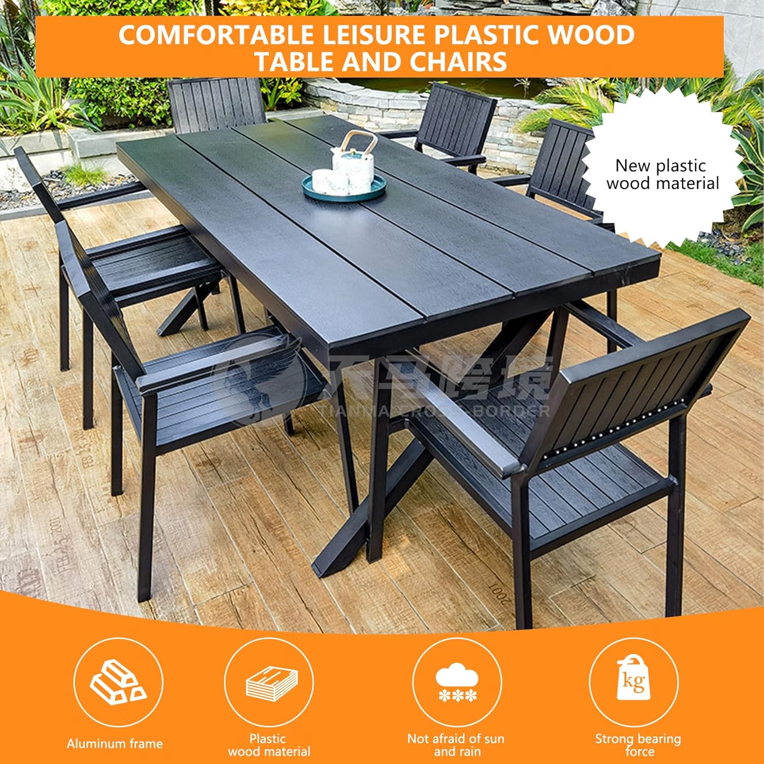 Outdoor Dining Set with Plastic-Wood Table & 6 Outdoor Chairs, All Weather Outdoor Table and Chairs, Square Patio Dining Set, Patio Table and Chairs Set for Lawn, Garden, Backyard (7 PCS)