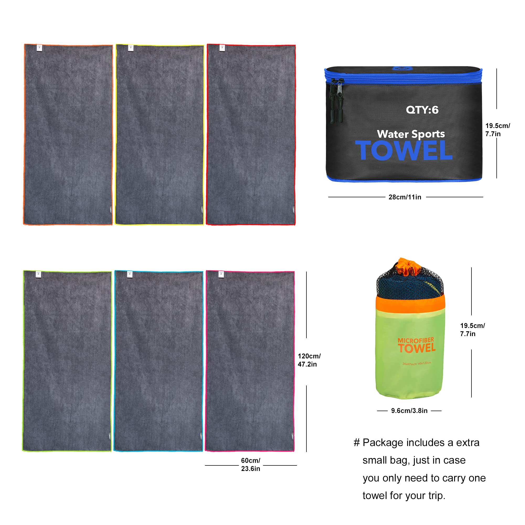 4Monster Paquete de 6 toallas de microfibra para gimnasio con bolsa de accesorios, toalla de viaje de secado rápido, súper ligera, ultra absorbente, toalla para deportes, yoga, natación, senderismo,