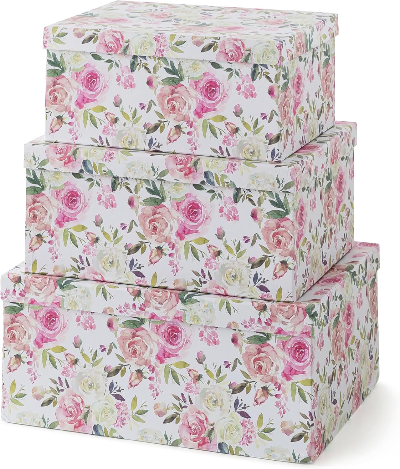 Soul & Lane Decorative Cardboard Storage Boxes For Home Décor - Modern Meadow - Set of 3: Floral Paperboard Nesting Storage With Lids, Memory Boxes For Keepsakes And Photos, Gift Set For Presents