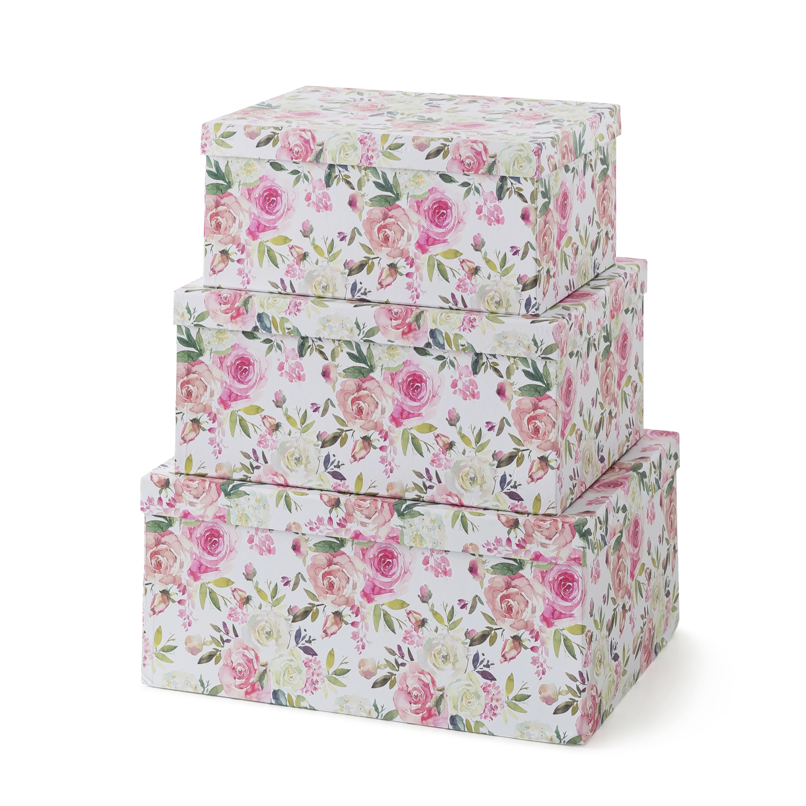 Soul & Lane Decorative Storage Cardboard Boxes with Lids | Summer Rose - Set of 3 | Floral Paperboard Nesting Boxes
