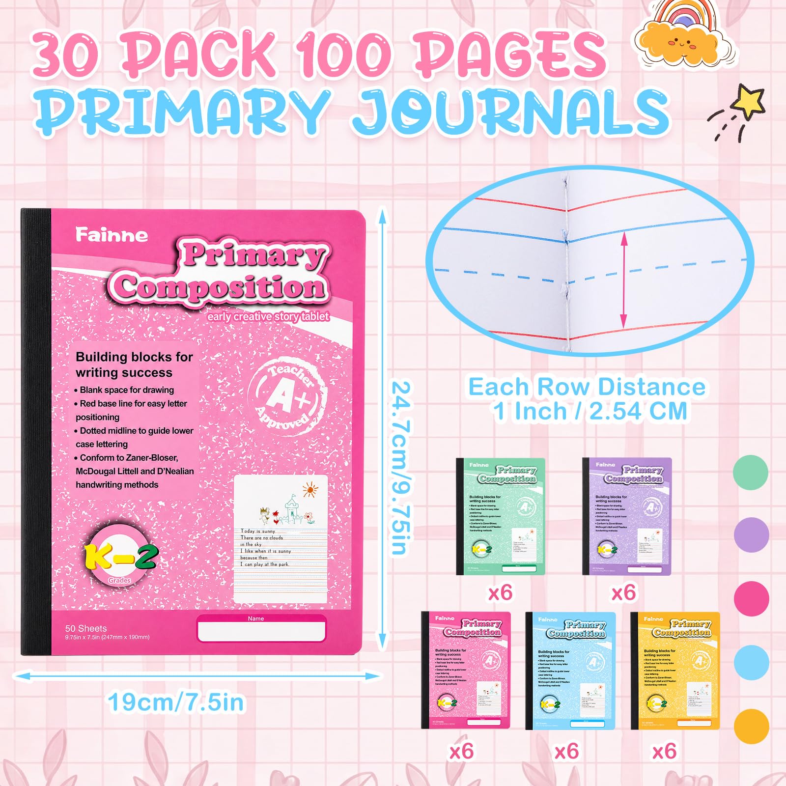 Fainne Confezione da 30 quaderni a righe primarie, grado K-2, 100 pagine, per disegnare e scrivere all'asilo