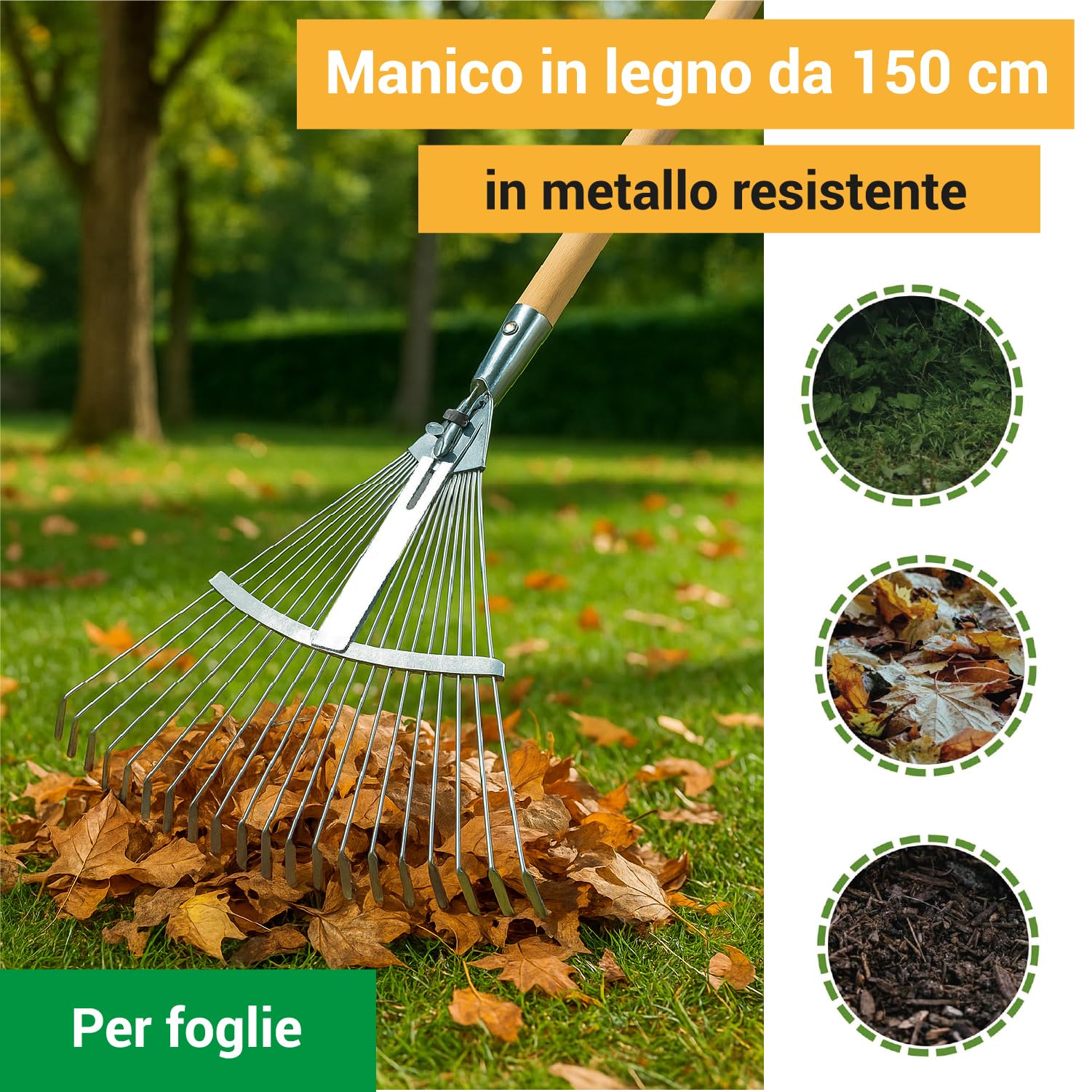 Crisalide®- Rastrello REGOLABILE + MANICO 150cm (faggio), Regolabile in metallo 22 denti