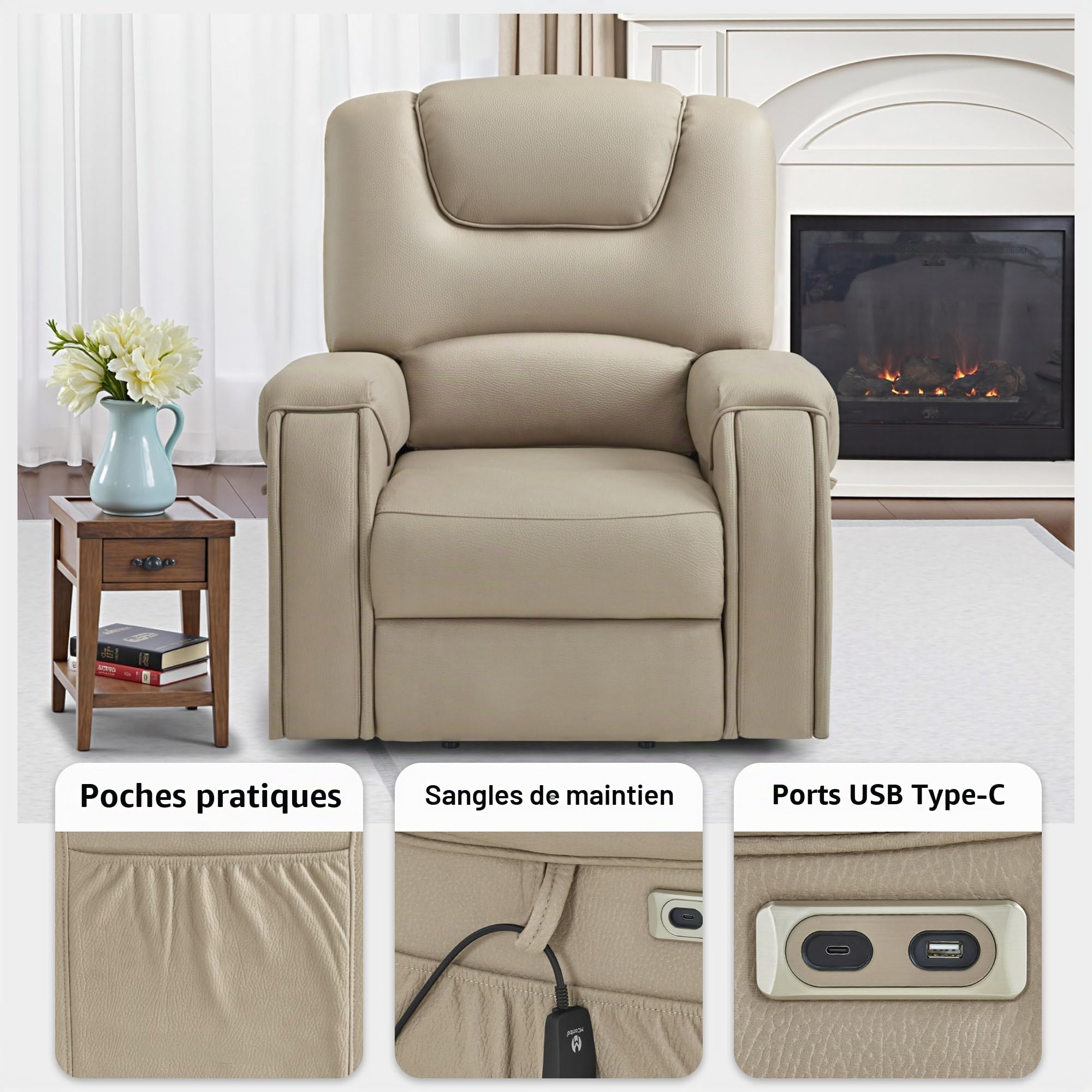 M MCombo Fauteuil TV avec Fonction releveur électrique, avec Massage et Chauffage, Fauteuil Relax avec Fonction inclinable jusqu'à 145°, Porte-gobelets cachés 7252 (Microfibre, Beige-Brun)