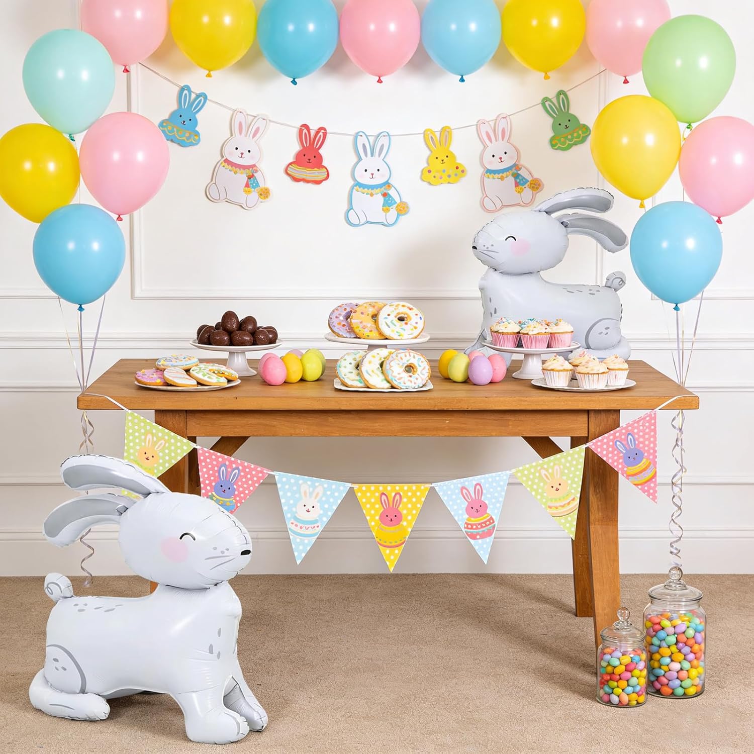 Soochat 2Pcs Bunny Balloons, 4D Realistic Self Stand Rabbit Foil Mylar Balloons, Forest Woodland Bunny Walking Animal Balloon for Easter Birthday Baby Shower Party Decorations Supplies