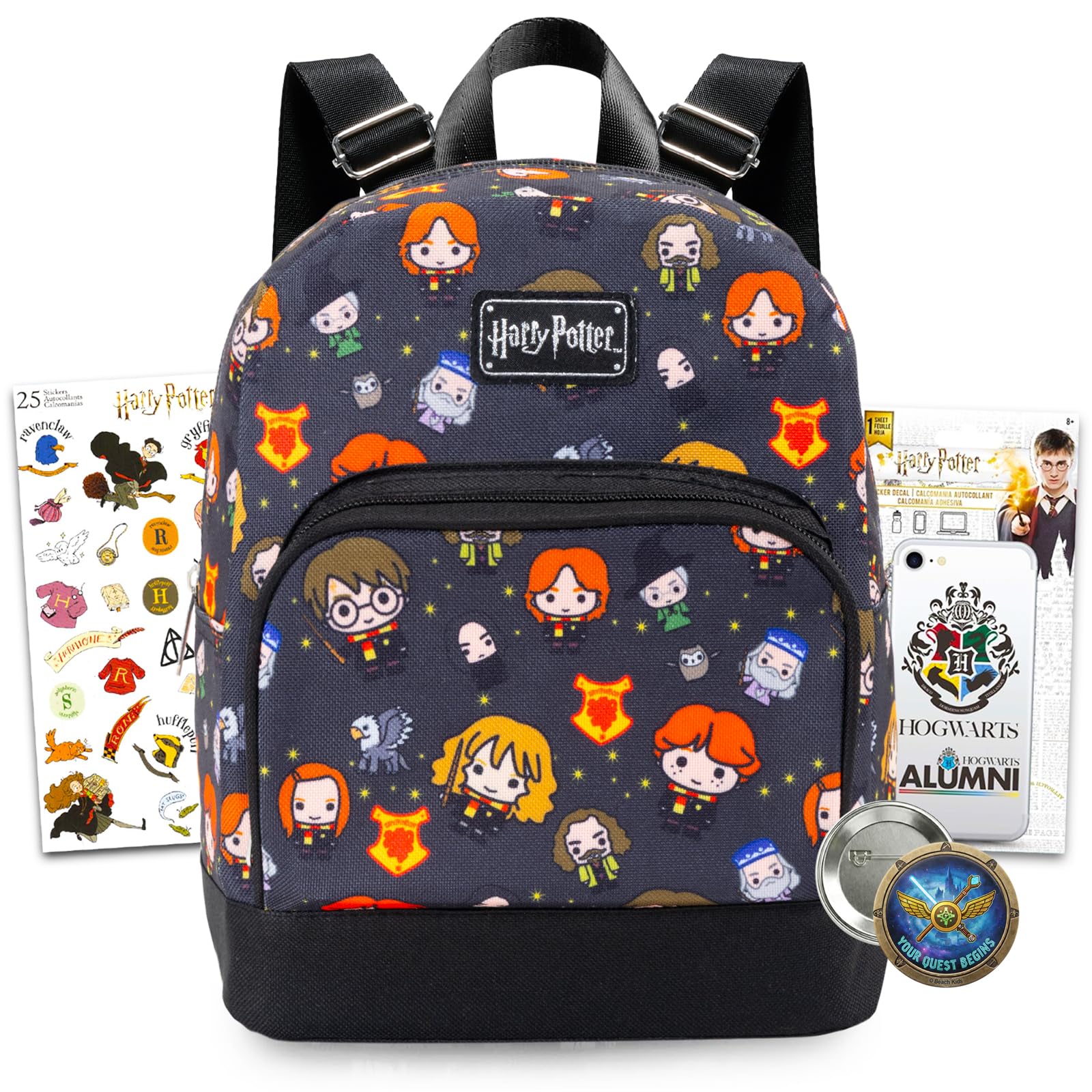 Harry Potter Mini Backpack - 10" Iconic Woven Small Backpack with Front Pocket and Stickers Bundle | Adjusts to Fit Kids, Teens, Adults, Boys, Girls