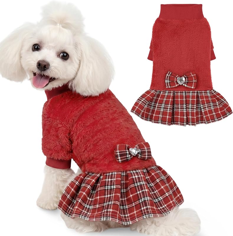 Vestido de Moletom para Cães Pequenos YUDODO com Laço Xadrez - YU89015REDXL1