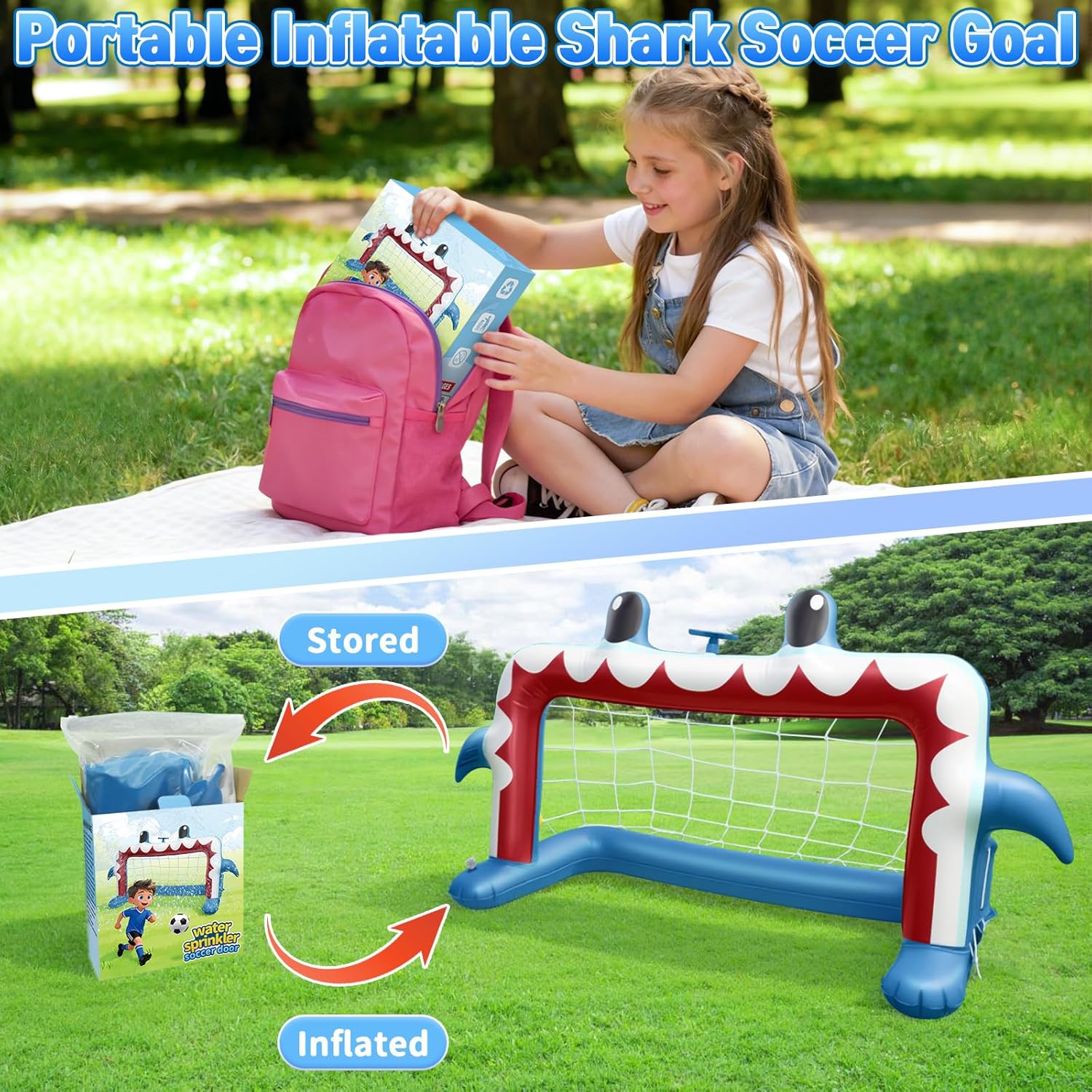 Intoypad Water Sprinkler Soccer Toys, Inflatable Shark Soccer Goal Sprinkler with a Soccer Ball Backyard Outdoor Summer Toys for Boys Girls Outside Yard Water Football Game Toys for Kids Ages 3-8