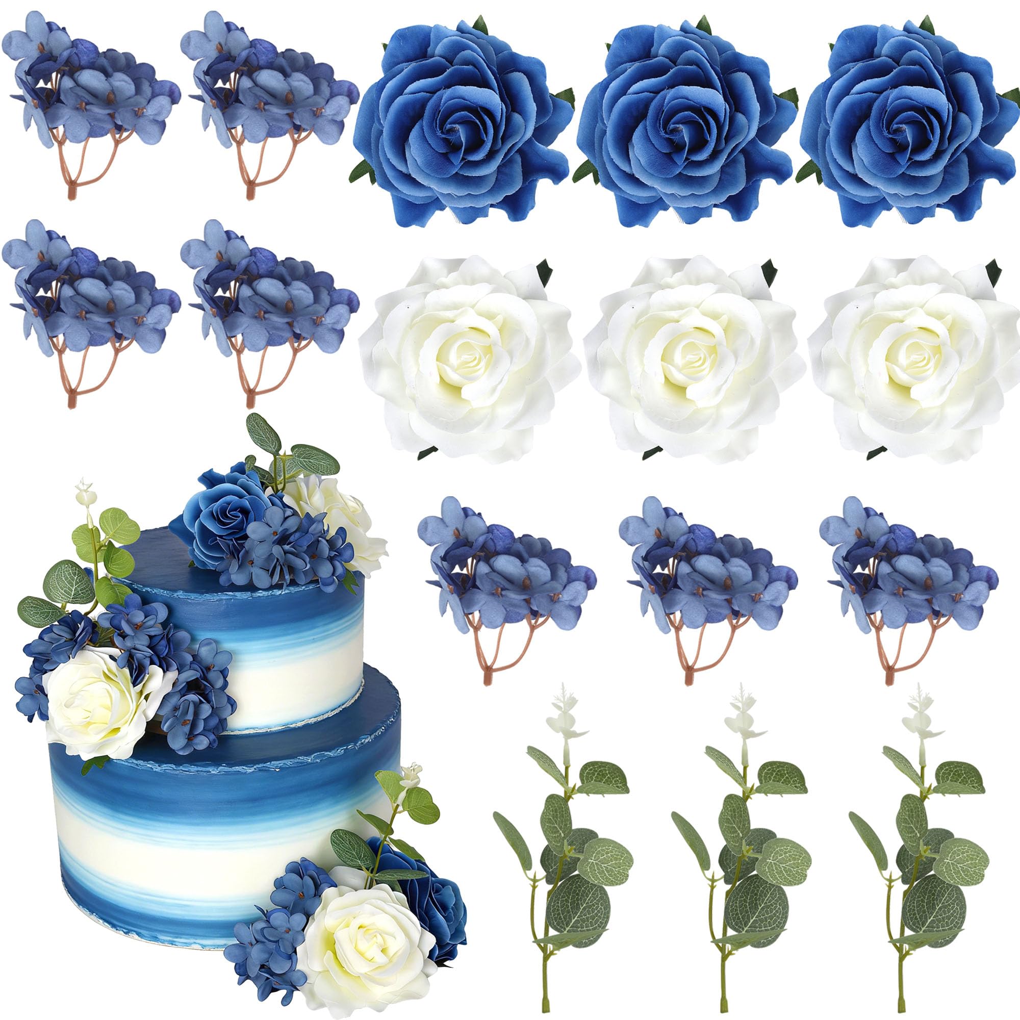 Xsstarmi Blue Rose Boho Cake Decoration with Blue Hydrangea Eucalyptus Cake Picks for Wedding Birthday Valentine's Day Party DIY Cake Decorations Supplies