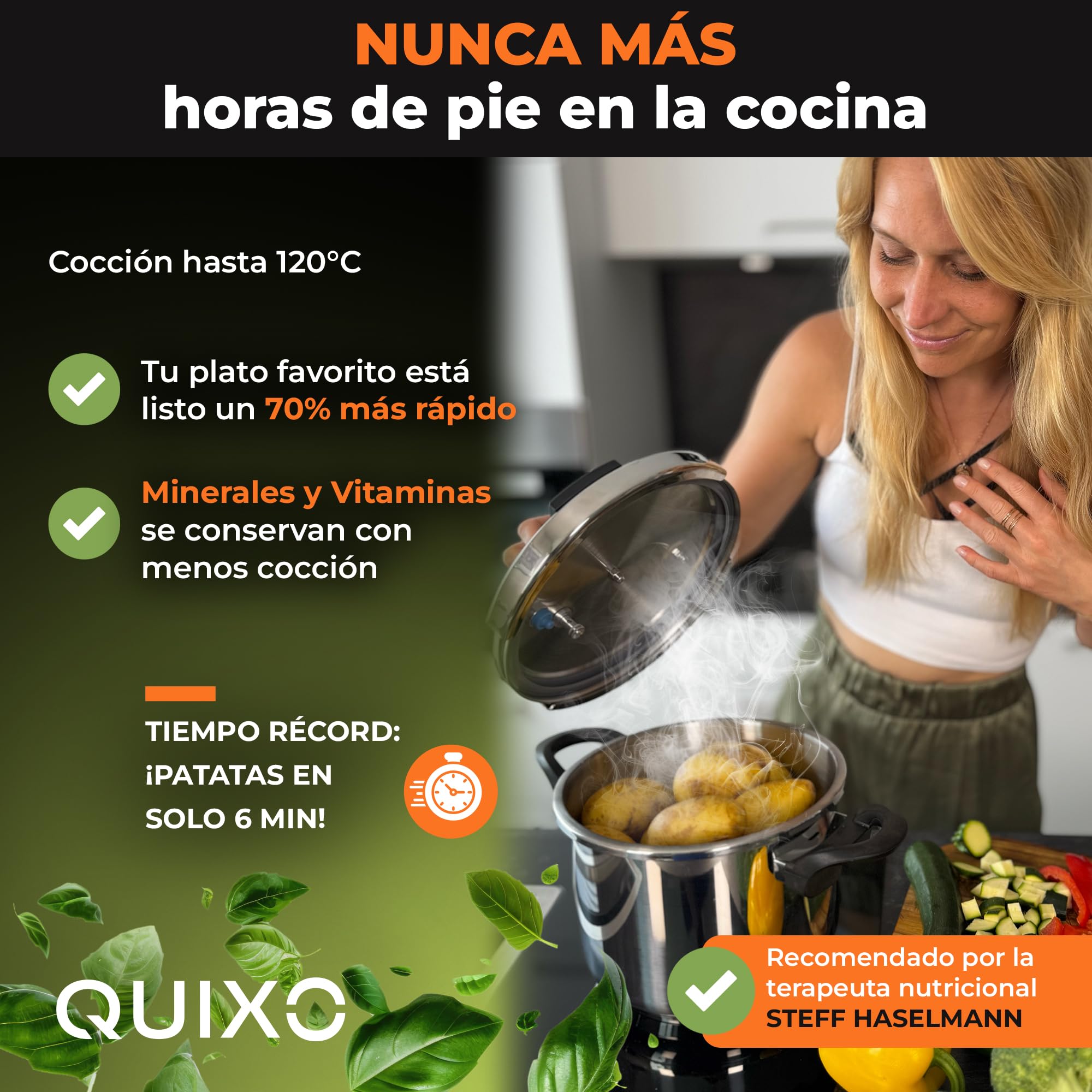 QUIXO Olla express 6l Pressure cooker Inducción (6L Set + Tapa vidrio) | Cierre QuickSafe con señal de cocción
