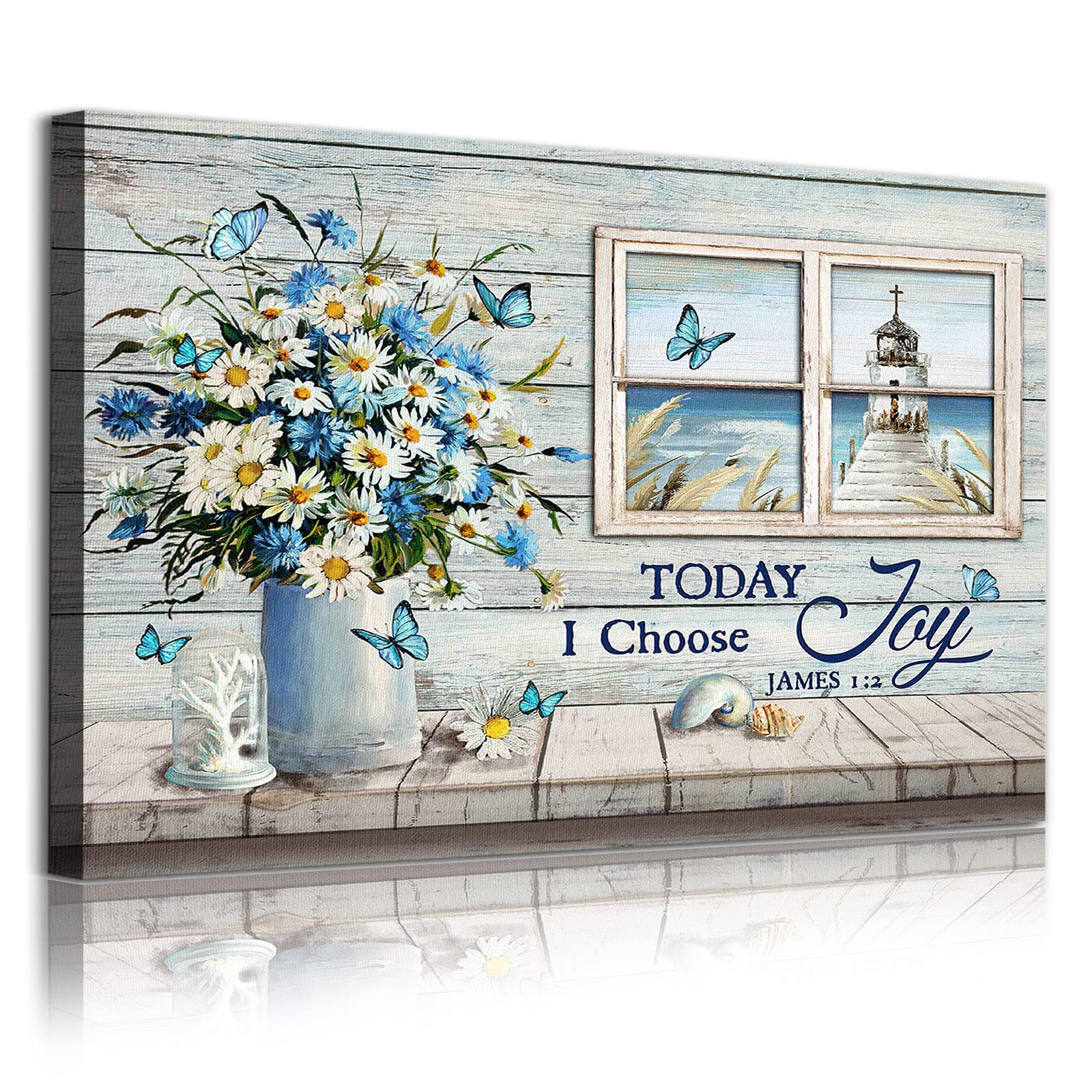 Today I Choose Joy Canvas Wall Art Blue Flower Picture Farmhouse Artwork Lighthouse Canvas Art Blue Butterfly Painting Rustic Floral Print White Daisy Poster Inspirational Country Wall Art 16x24in No Frame
