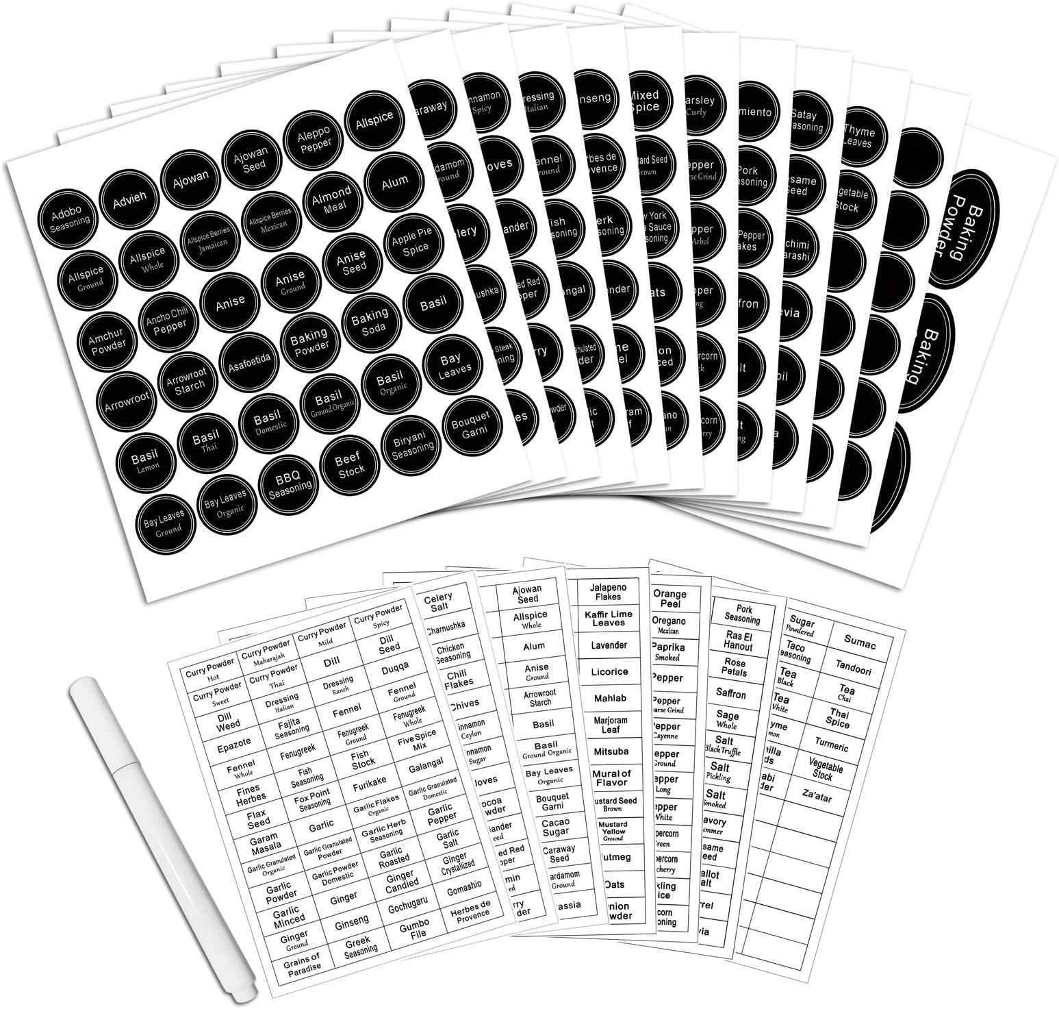 771 Printed Spice Jar Labels with Extra Write-on Labels, Pantry Stickers and Chalk Marker Pen. Chalkboard and Transparent Set