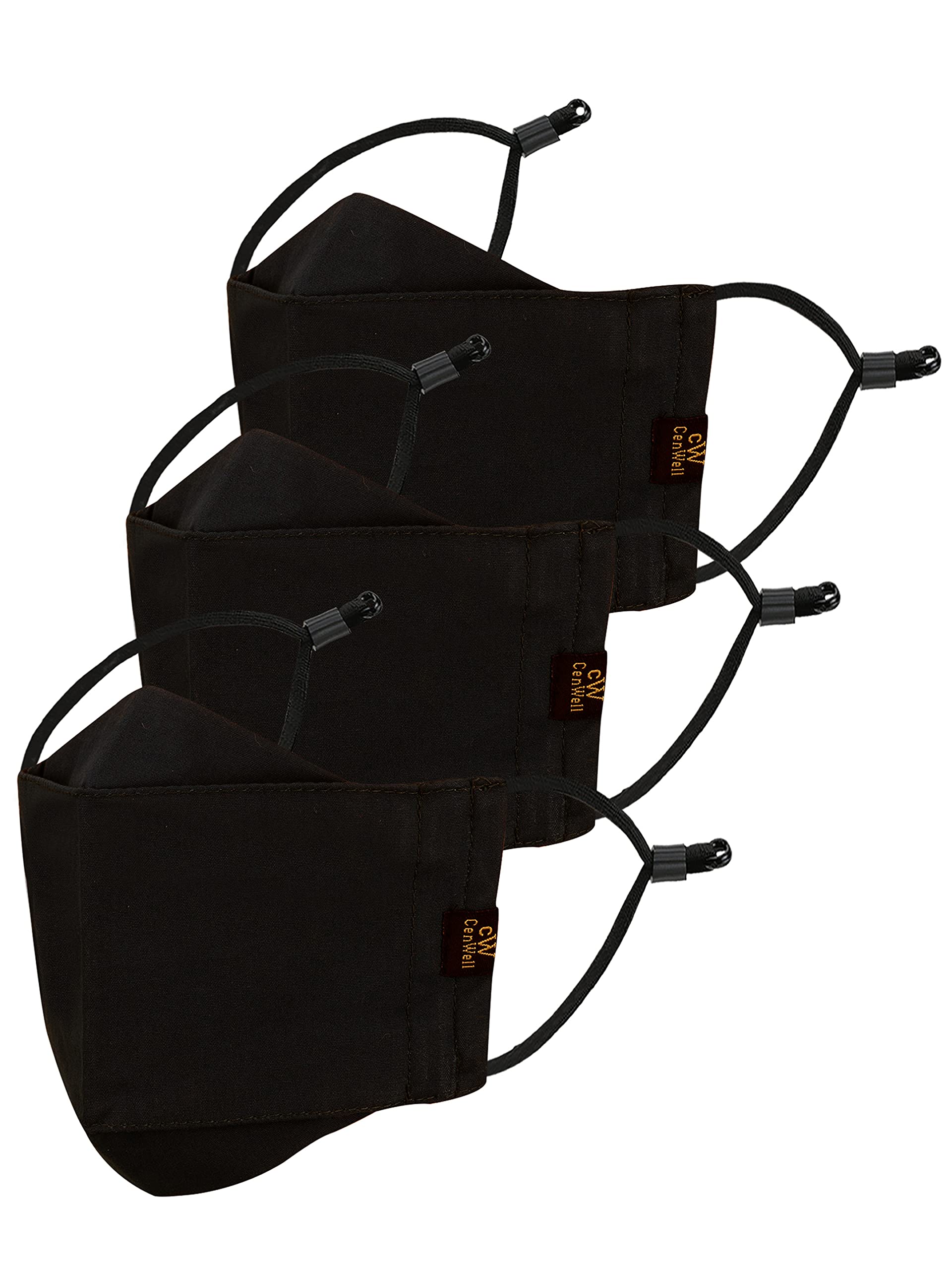 3 Pcs Ultra Comfortable Pure Cotton Face Mask with Adjustable Ear Loop & Free Ear Saver Strap, Washable Reusable & Breathable Mask for Men & Women (Black, Pack of 3)