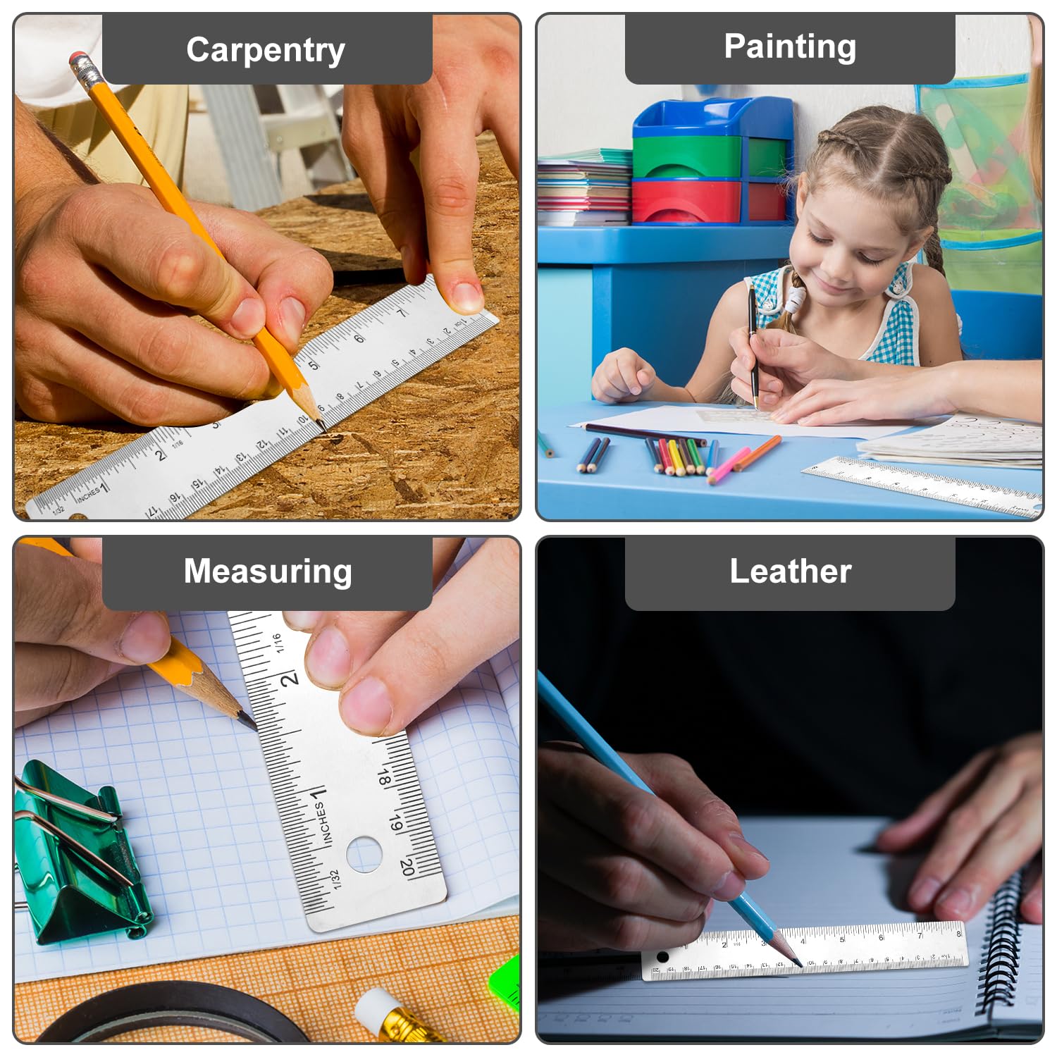 3pcs Metal Ruler with Cork Backing, 11.8+7.87+5.9 Inch Stainless Steel Straight Edge Ruler Measuring Tool for School, Office, Woodworking, Drafting