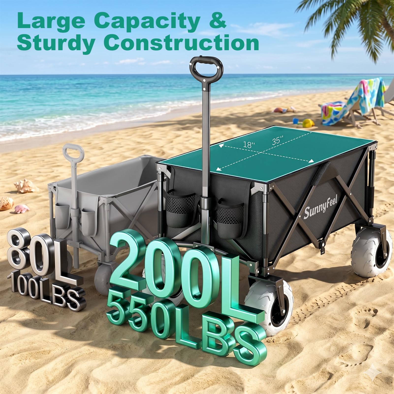 SUNNYFEEL Carro de playa resistente de 41 pulgadas de largo y 550 libras con neumáticos de globo de 9 pulgadas, carrito plegable de 200 L con bolsillo lateral y frenos para camping, deportes, jardín