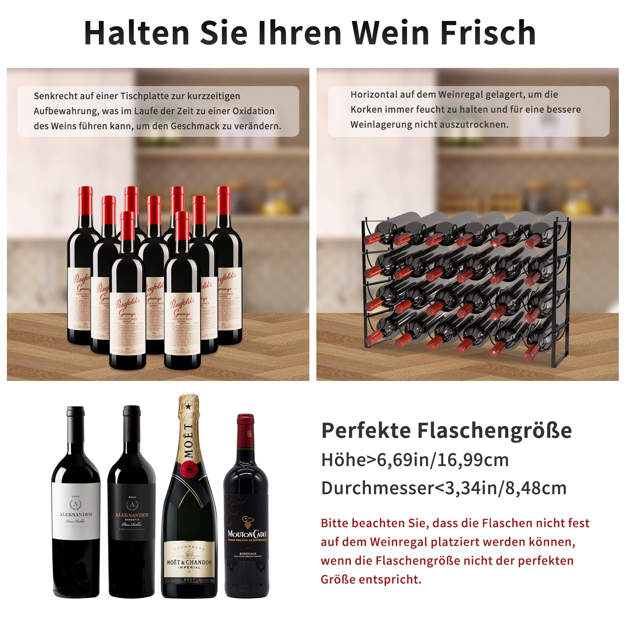 TONLEA 4 Stöckiges Stapelbar Weinregal, 3-in-1 Flaschenregal für 24 Flaschen, Kann Separat Oder Stapelbar Weinflaschenregal aus Metall, Freistehend Weinlagerregal für Kabinett Speisekammer (Schwarz)