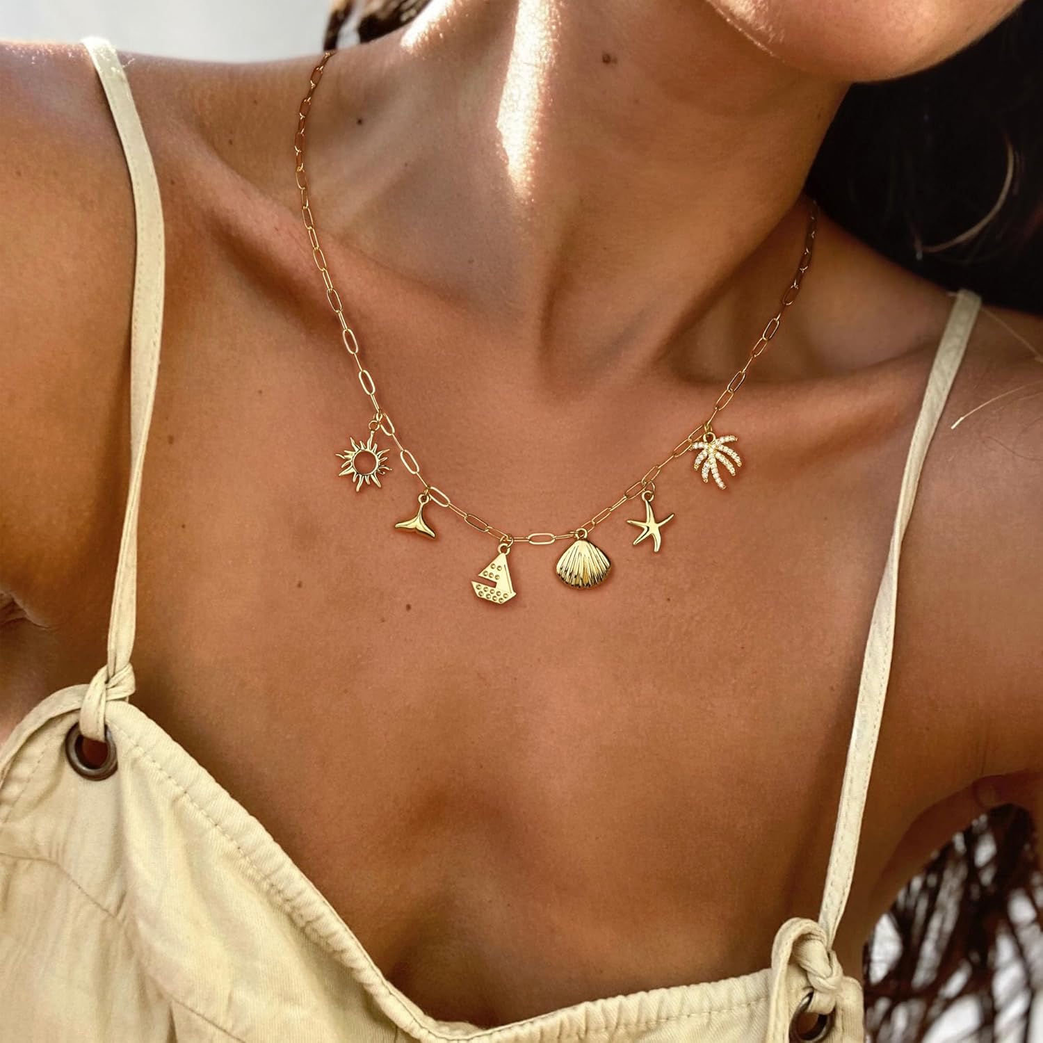 Charm Necklace for Women,Dainty 14K Gold Plated Starfish Seashell Necklace Simple Gold Beach Necklaces for Women Trendy Beach Jewelry - Image 2