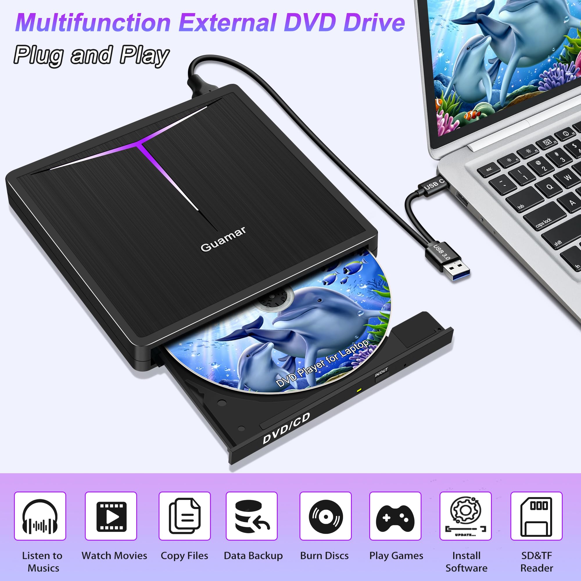 Guamar Lecteur CD/DVD externe pour ordinateur portable : graveur CD USB C