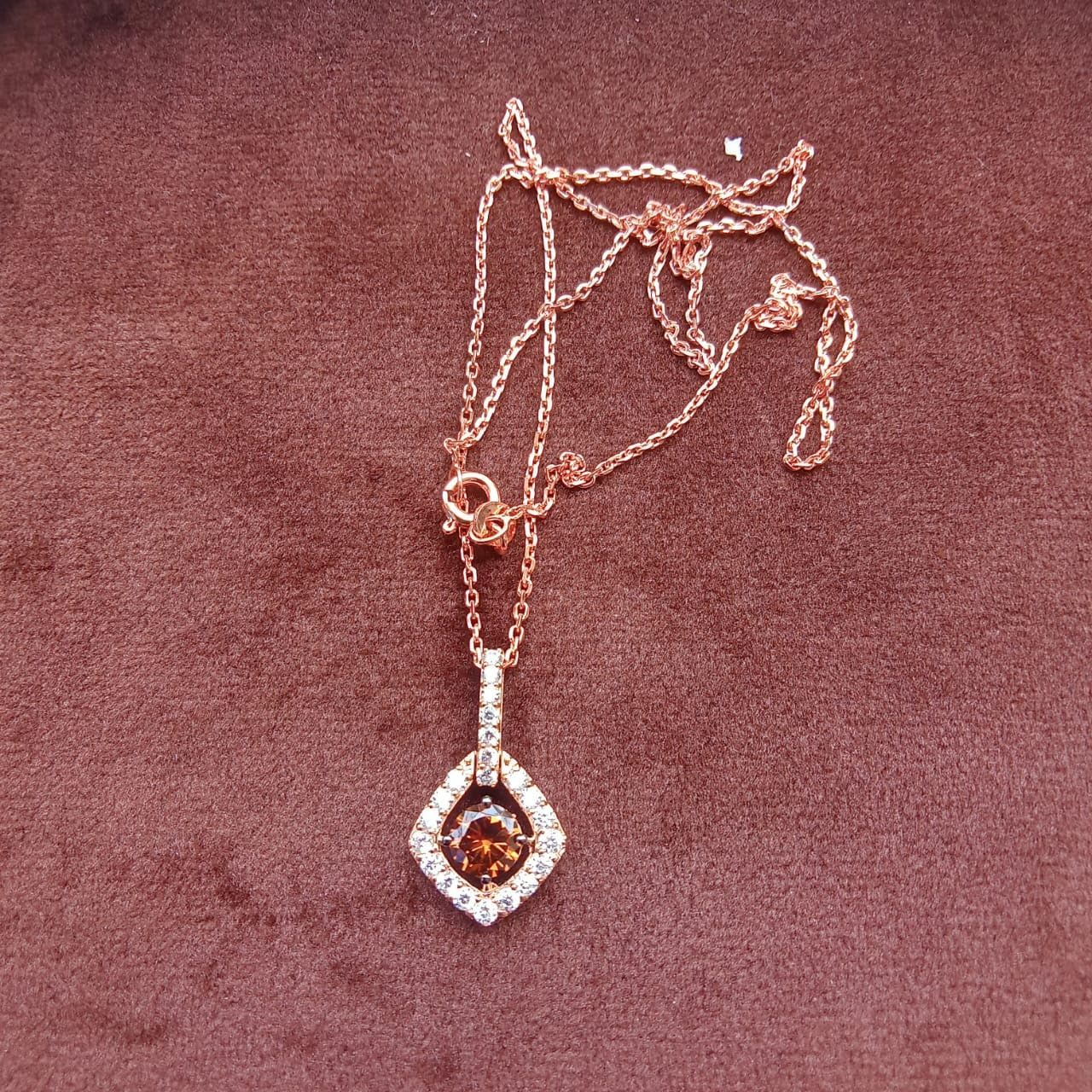1.50 CT Round Shape Brown and White Diamond Prong Set Wedding Engagement Pendant Necklace with 18" Rope Chain In 14K Rose Gold Plated