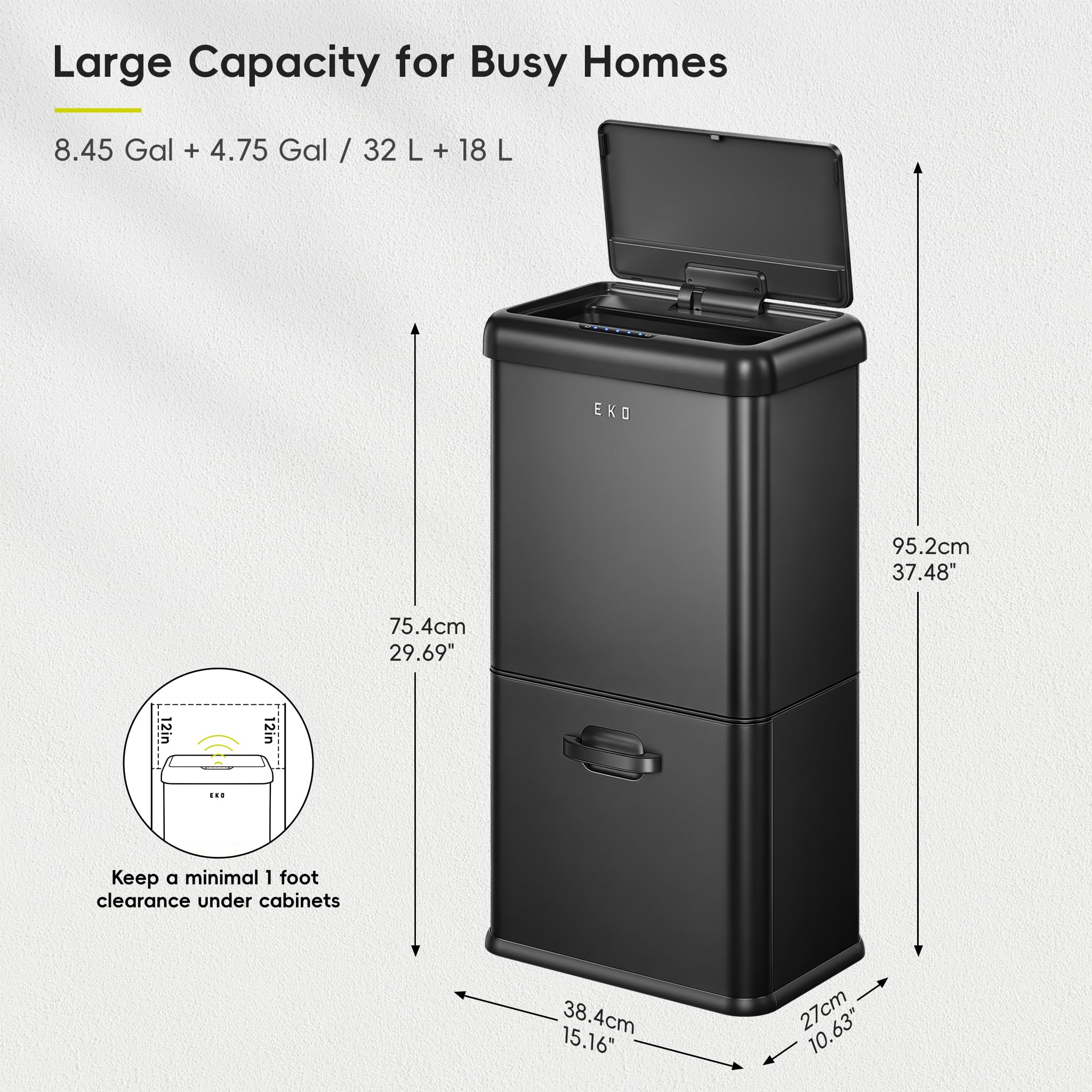 EKO Pattumiera con sensore a 2 scomparti, 32 l + 18 l, design verticale
