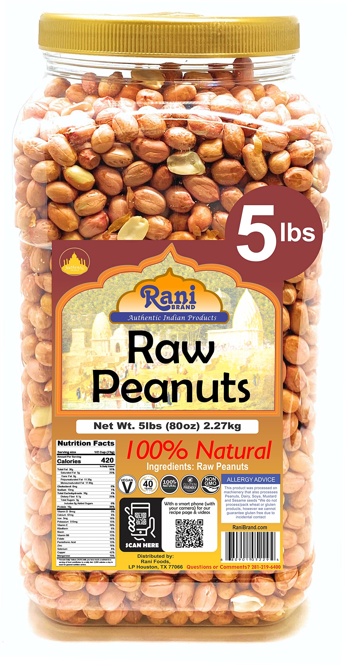 Rani Peanuts, Raw Whole With Skin (uncooked, unsalted) 96oz (6lbs) 2.72kg Bulk PET Jar ~ All Natural | Vegan | Kosher | Gluten Friendly | Fresh