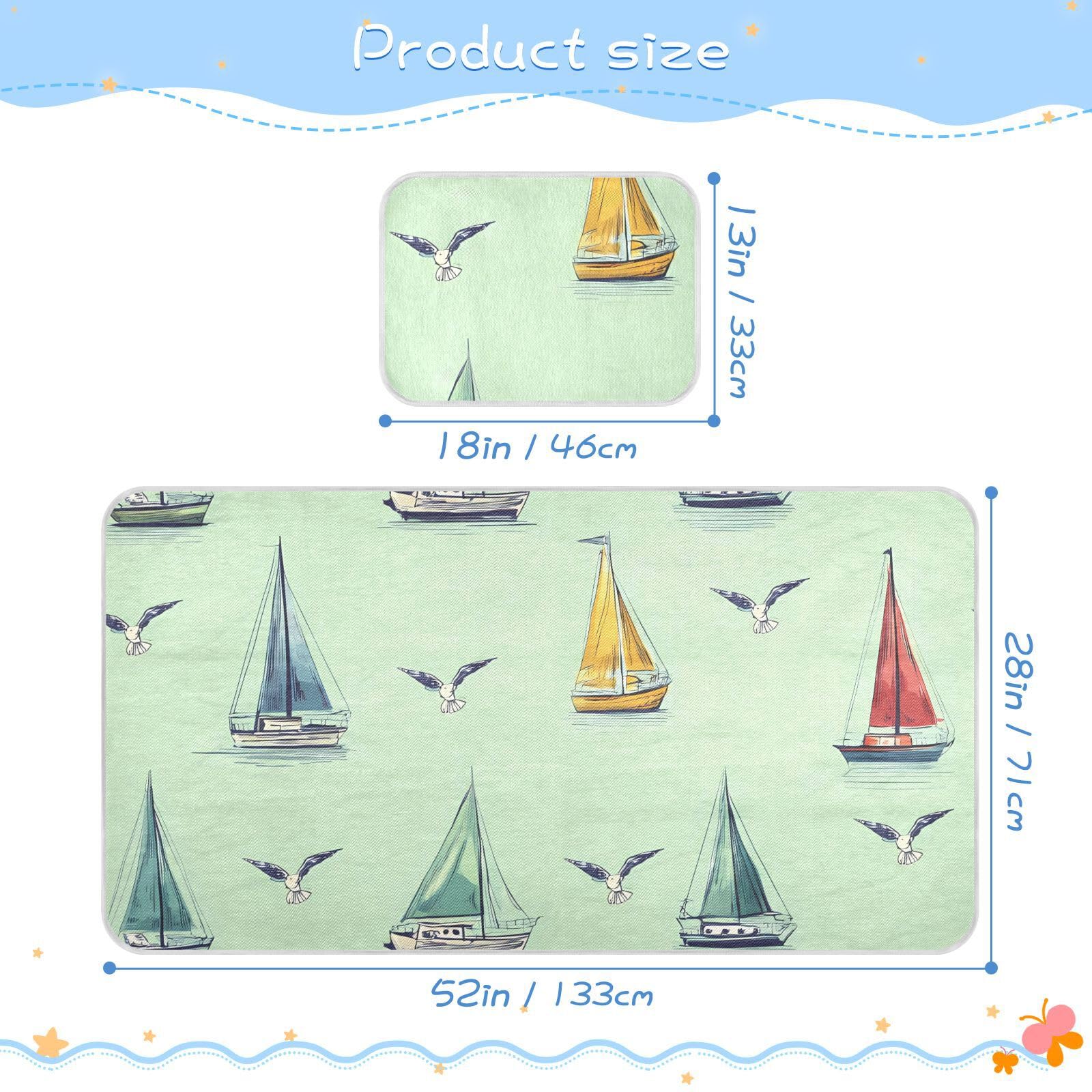 Bolaz Summer Sleeping Bed Pad, Sailboat Pattern Cooling Mattress Set Breathable Bed Mat Ice Silk Mat + Pillow Cover for Toddler Boys Girls