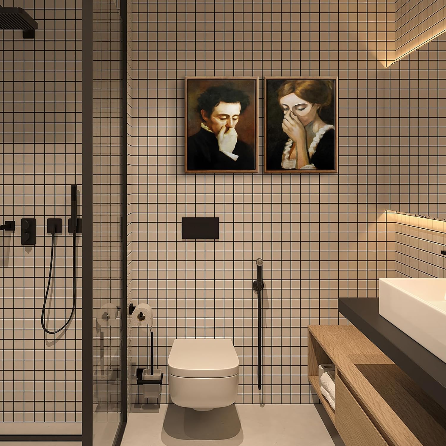 BJVJKSU Framed Funny Bathroom Canvas Wall Art Vintage mid century Style Prints Wall Decor Black and White Humor Classical Toilet Bad Smell Pictures Poster Amusing Lady Man Painting Gift(8x10in) - Image 3