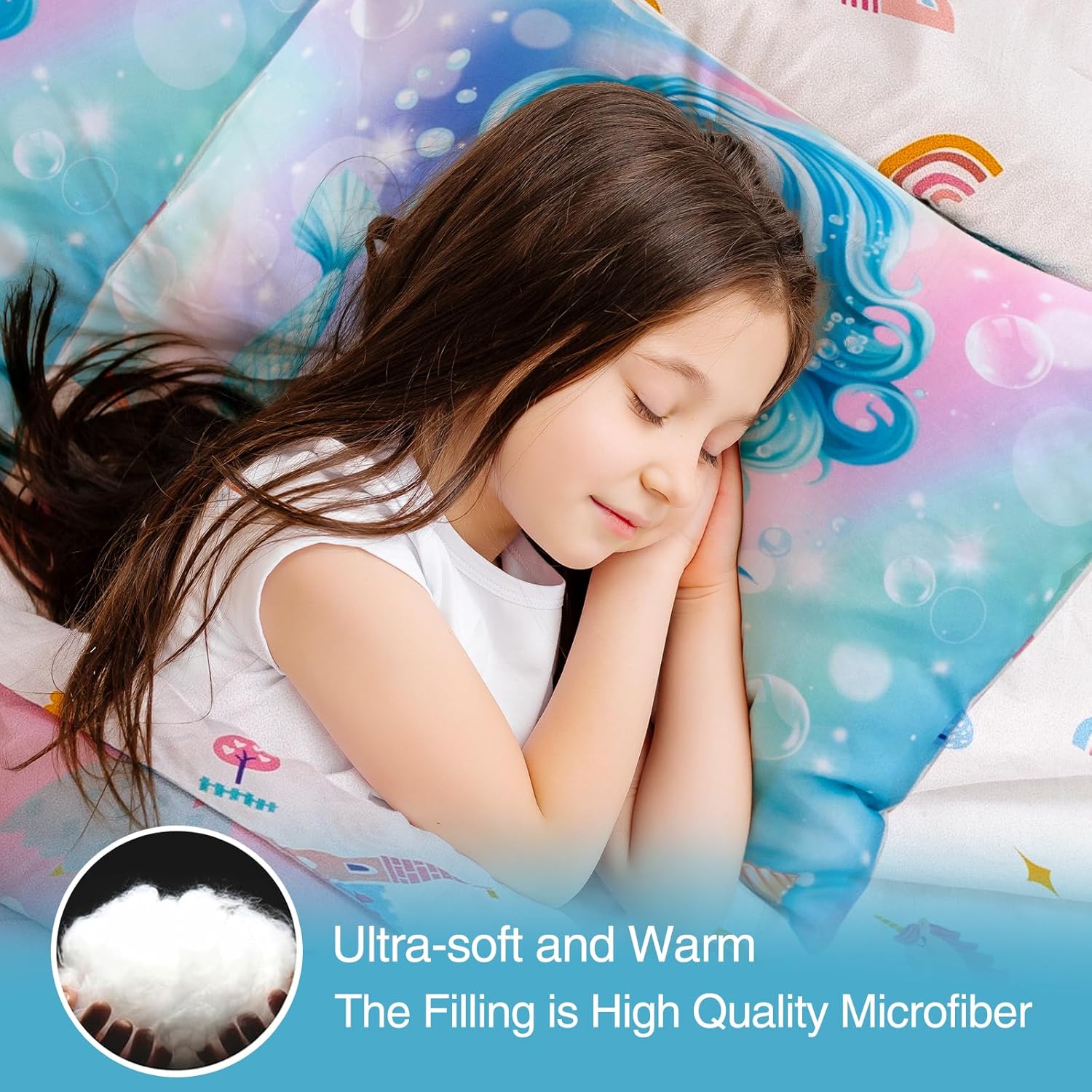 A Nice Night Mermaid Comforter Set Full 6-Piece Bed in a Bag for Girls, Soft Polyester Bedding with Sheet Set & Pillowcases, Princess Character Theme Kids Full Bedding