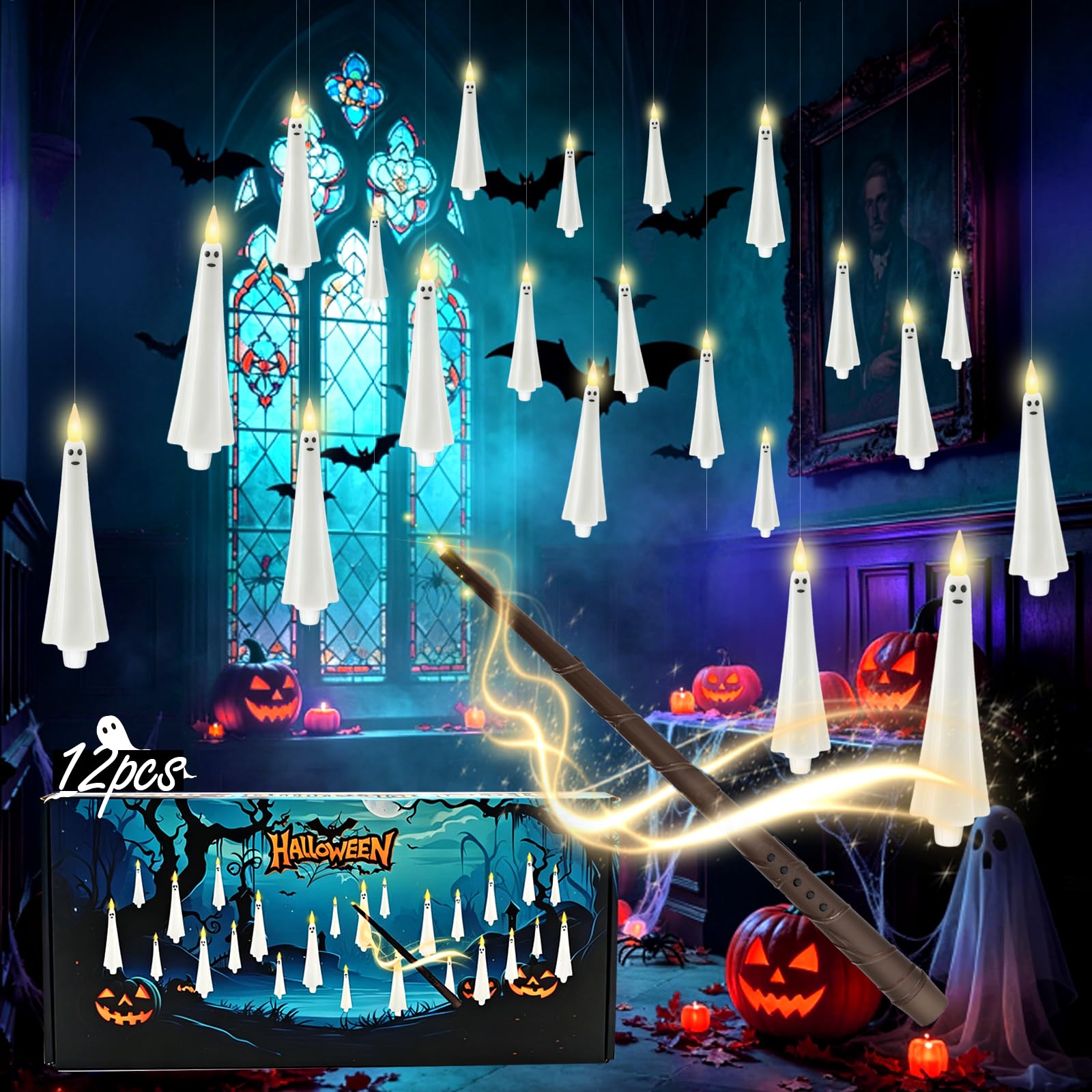 kakoya Ghost Flameless Floating Candles with Wand Remote, 12 Pcs Magic Flickering Battery Operated LED Hanging Taper Candles for Halloween Party Decoration(White)