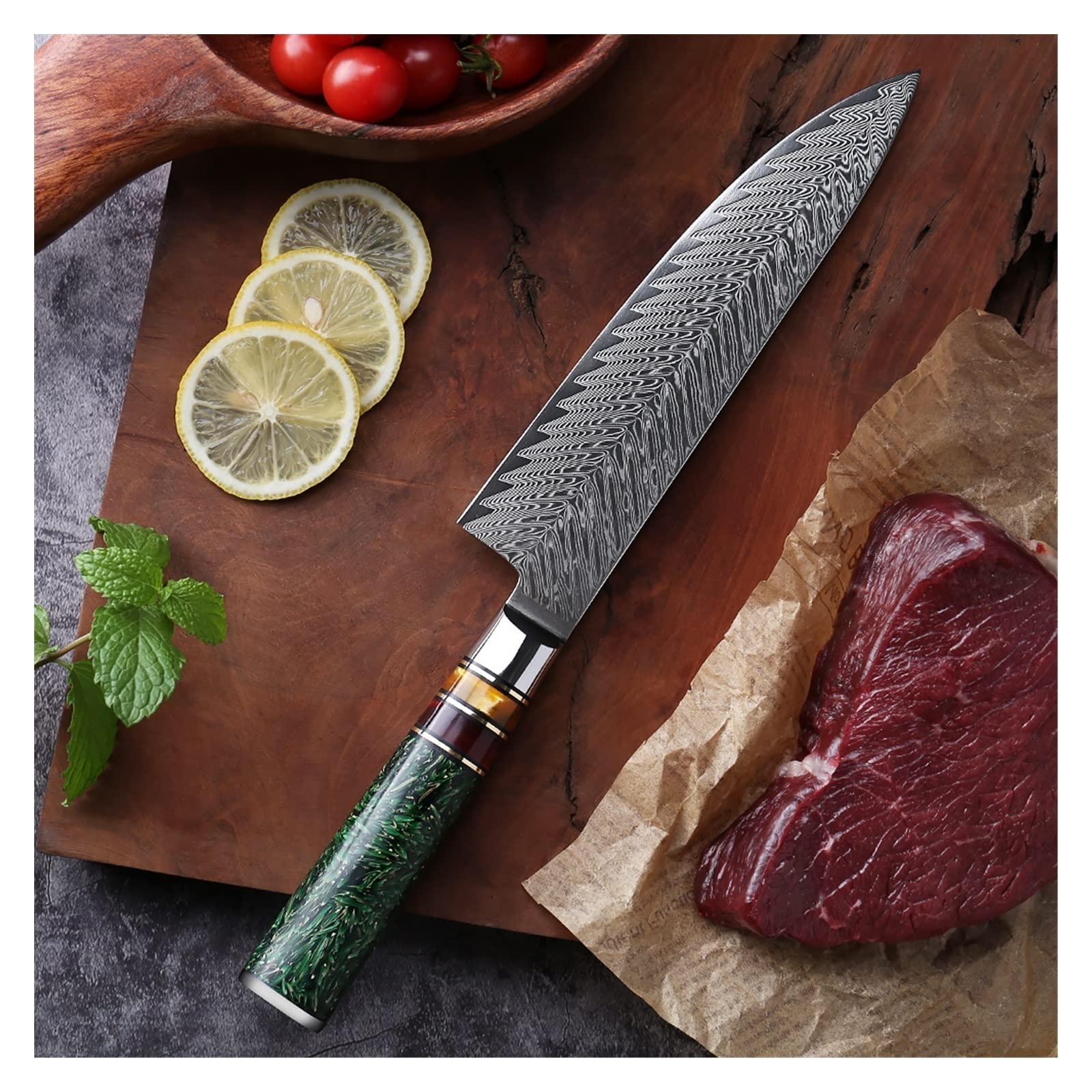 7pcs, 8pcs 67 Strato damasco in acciaio coltelli da cucina professionale set multifunzionale coltello da chef da chef guscio verde guscio manico in resina(8PCS)