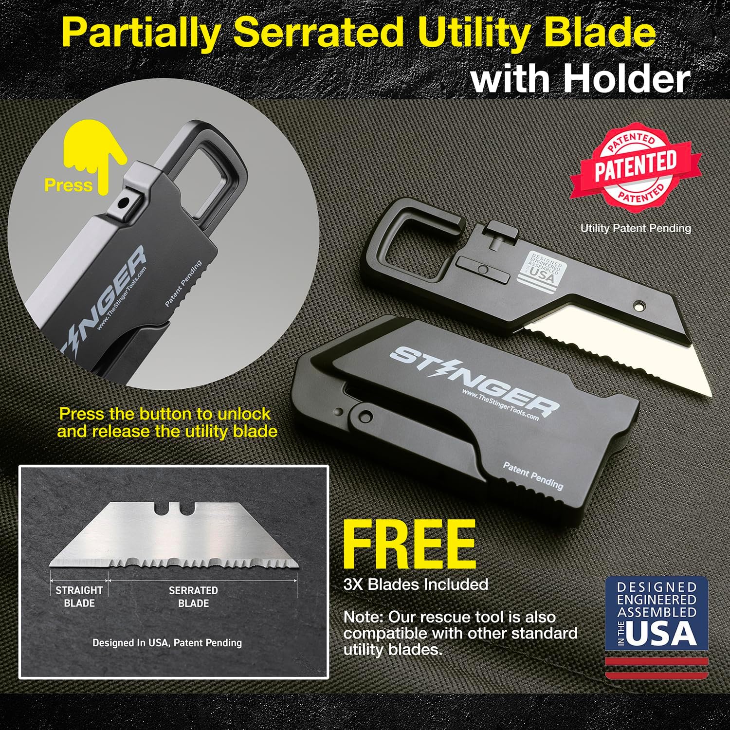 Stinger ResqBlade Emergency tool Pocket Knife, Utility Knife with Window Breaker Seatbelt Cutter, Box Cutter, with 3 Extra Partially Serrated Utility Blades