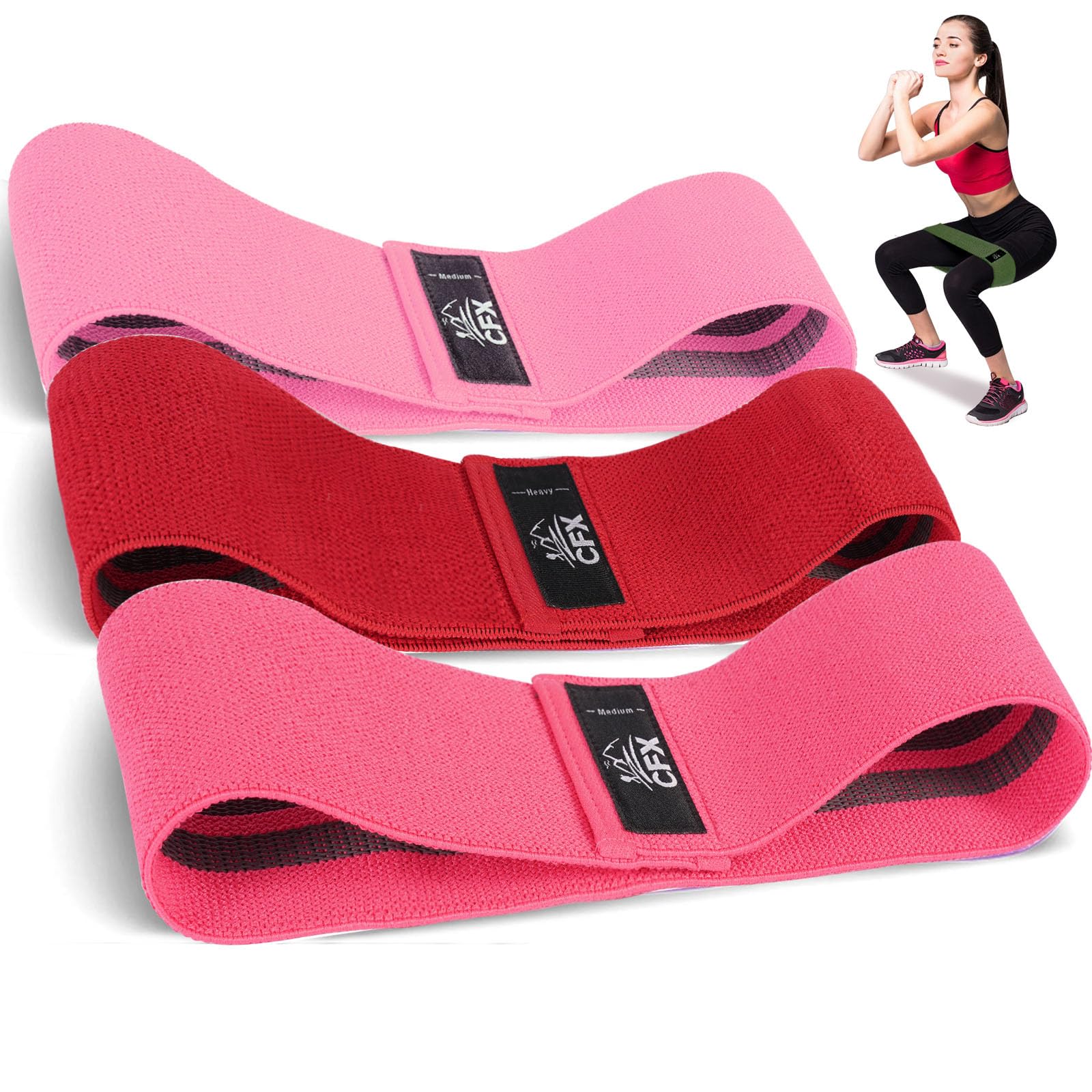 CFX Resistance Bands Set, Exercise Bands with Non-Slip Design for HIPS & Glutes, 3 Levels Workout Bands for Women and Men, Booty Bands for Home Fitness, Yoga, Pilates