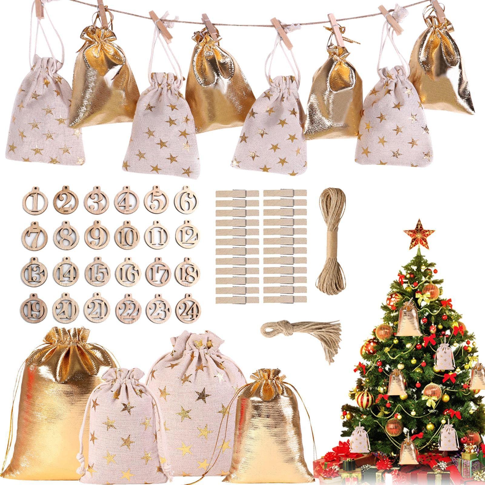 NedyetChristmas Advent Calendar 2022 | Drawstring Candy Bag Countdown Candy Bags Sacks | Christmas Holiday Party Decorations with Wooden Clips & Wall Stickers
