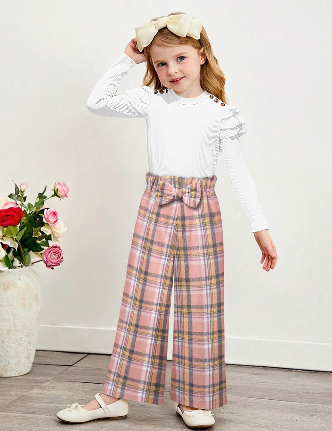 MIGU Girls Clothes Fashion Long-Sleeved Tops Plaid Trousers Loose Straight Leg Pants Plaid Hat Girls Outfits Fall 3pcs - Image 4