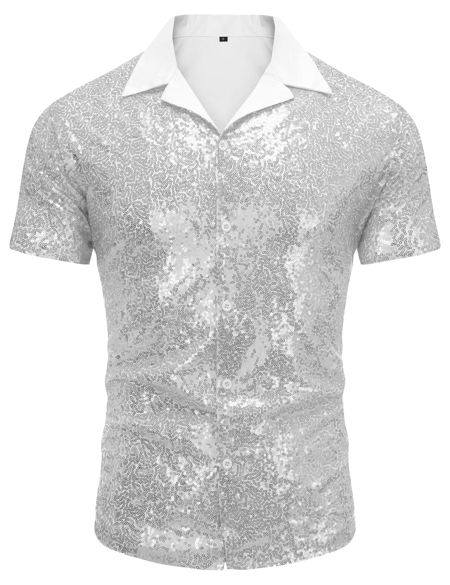 AstoSeuMen's Sequin Dress Shirt 70s Disco Costume Sparkle Party Short Sleeve Button Down Shirts