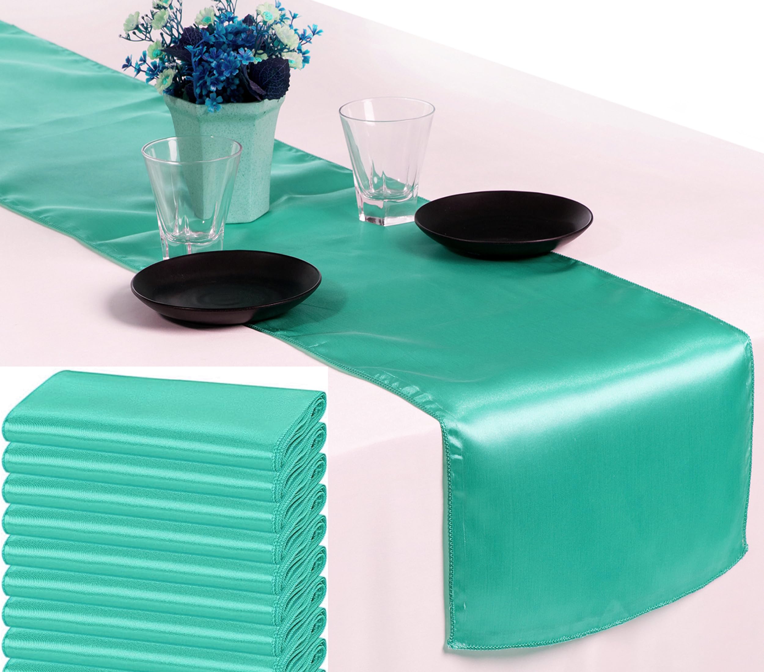 VDS Pack of 15 Satin Table Runners for Wedding & Party Décor 12” x 108”, Smooth Glossy Sateen Fabric Runner, Dining Table Decoration for Reception Banquet & Events Hotel Restaurant - Sea Green