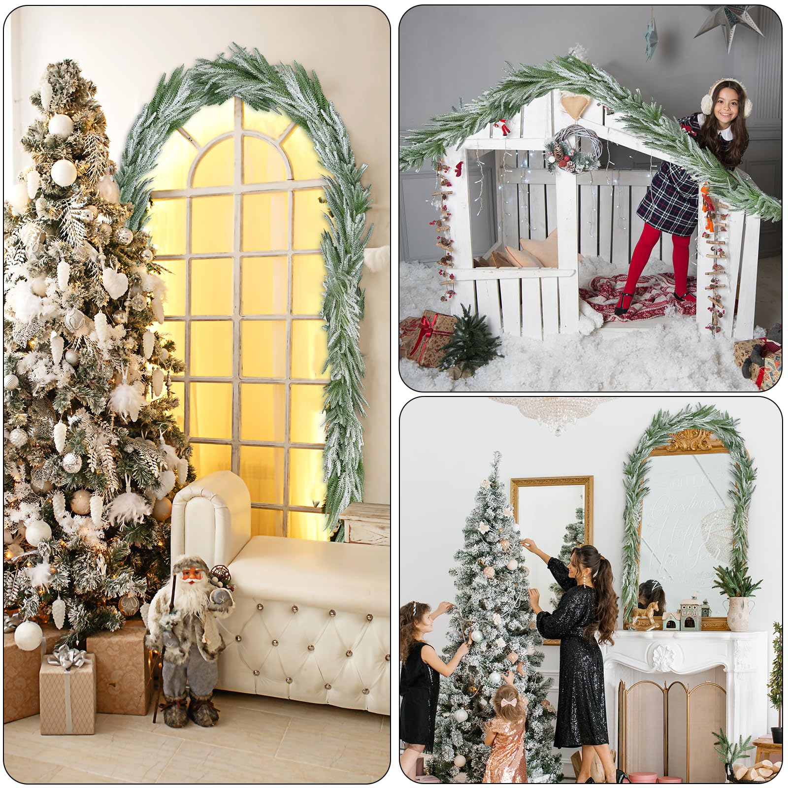 2 guirnaldas de pino Norfolk flocado de nieve, guirnalda de pino de invierno de 72 pulgadas, guirnalda verde artificial verde para mesa, mantel, pared, interior y exterior, decoraciones de Navidad