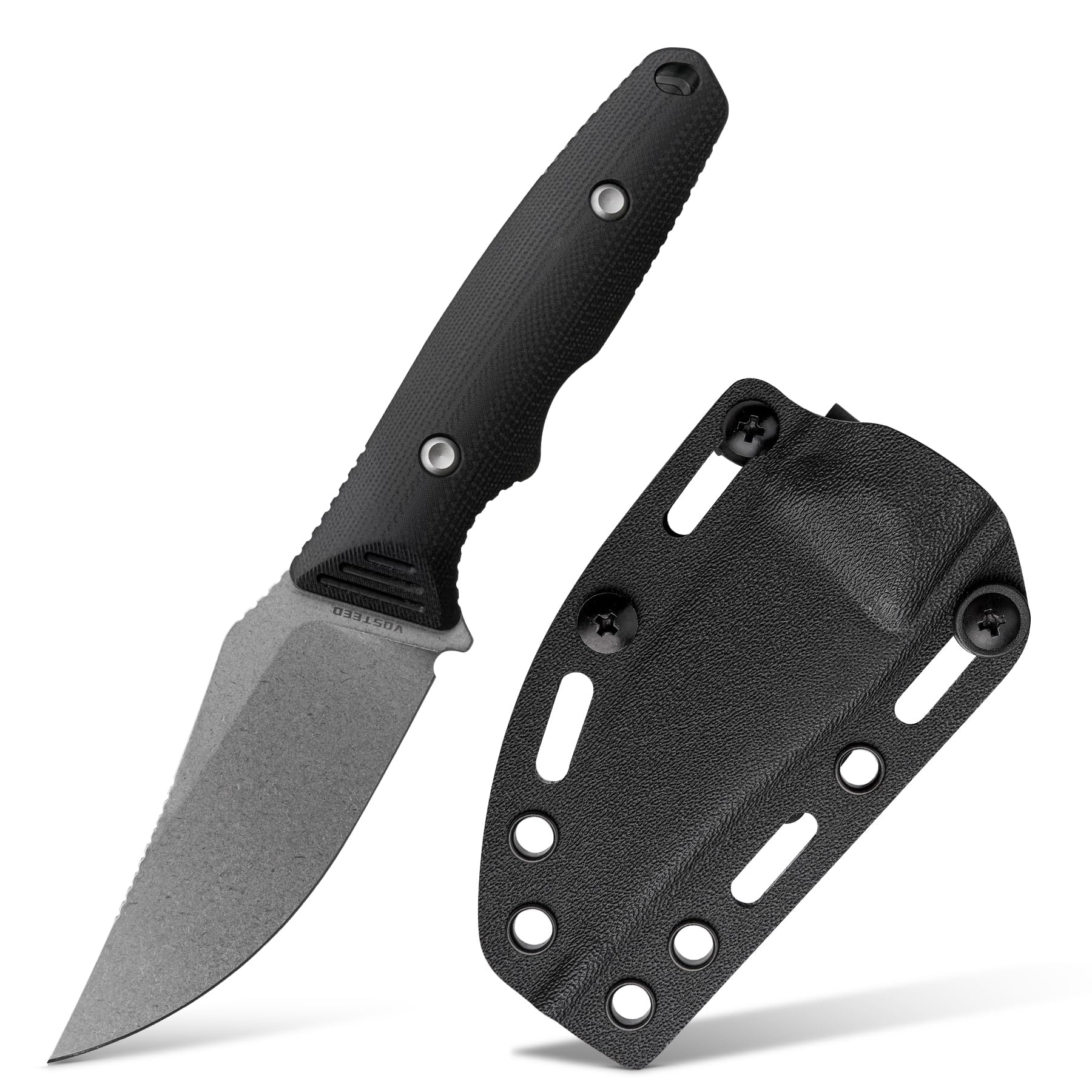Vosteed H-Back EDC Fixed Blade Knife - 2.92" Nitro-V Blade with Sheath, Stonewash - Black G10 Handle with S.O.A.R. Clip for Camping, Survival Knives - D0404
