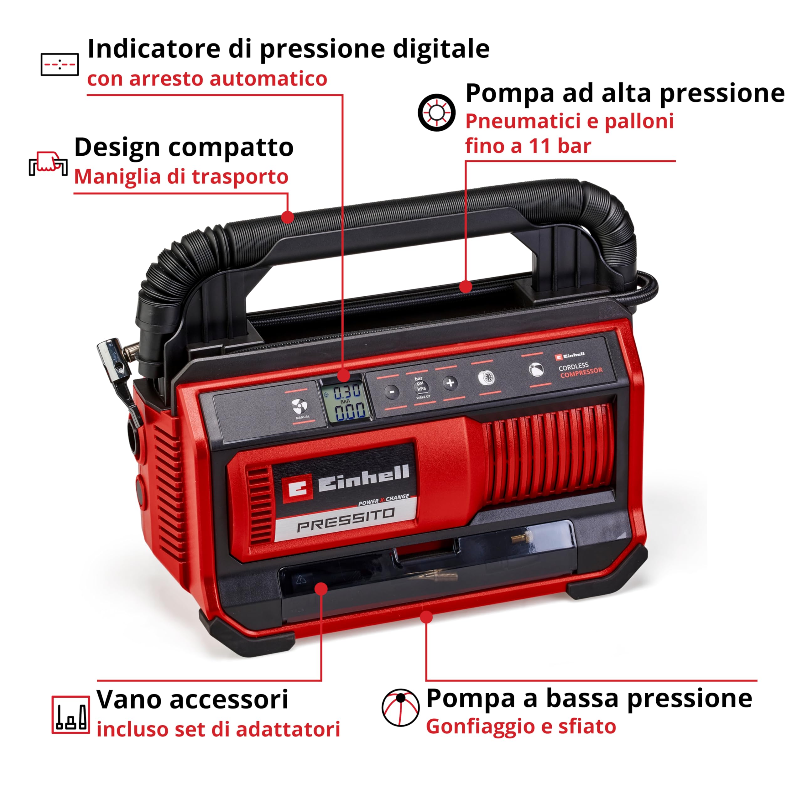 Einhell Compressore a batteria PRESSITO 18/25 Power X-Change(18 V, max. 11 bar, incl. kit 3 adattatori, incl. tubo flessibile alta press. 71 cm e tubo flessibile bassa press. 1,6 m, senza batteria)