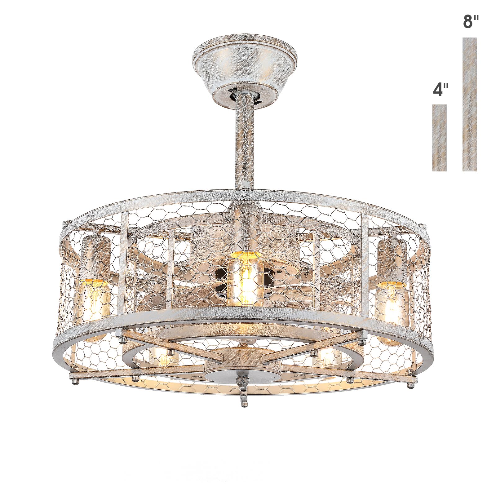 MADSHNE 20'' Retro Caged Ceiling Fan with Lights and Remote, Small Farmhouse Ceiling Fan with Light, White Rustic Enclosed Bladeless Ceiling Fan for Bedroom Kitchen