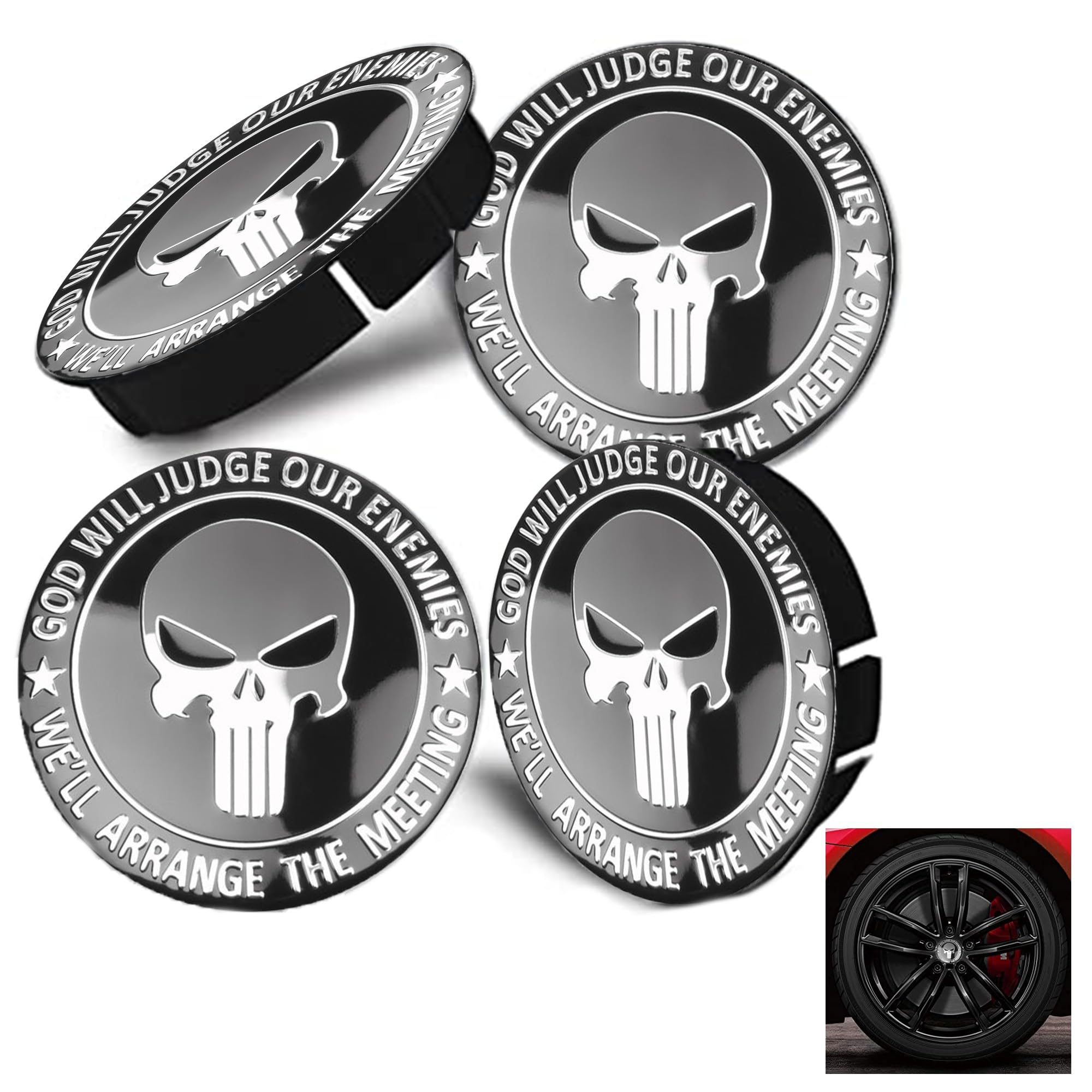 4 pcs Wheel Center Caps Skull Universal Wheel Center Cover Skull Wheel Center Hub Caps,Car Wheel Center Cap Kit,Hub Caps with Embedded Base,Rustproof,for Car Sedan Truck SUV (2 Color)
