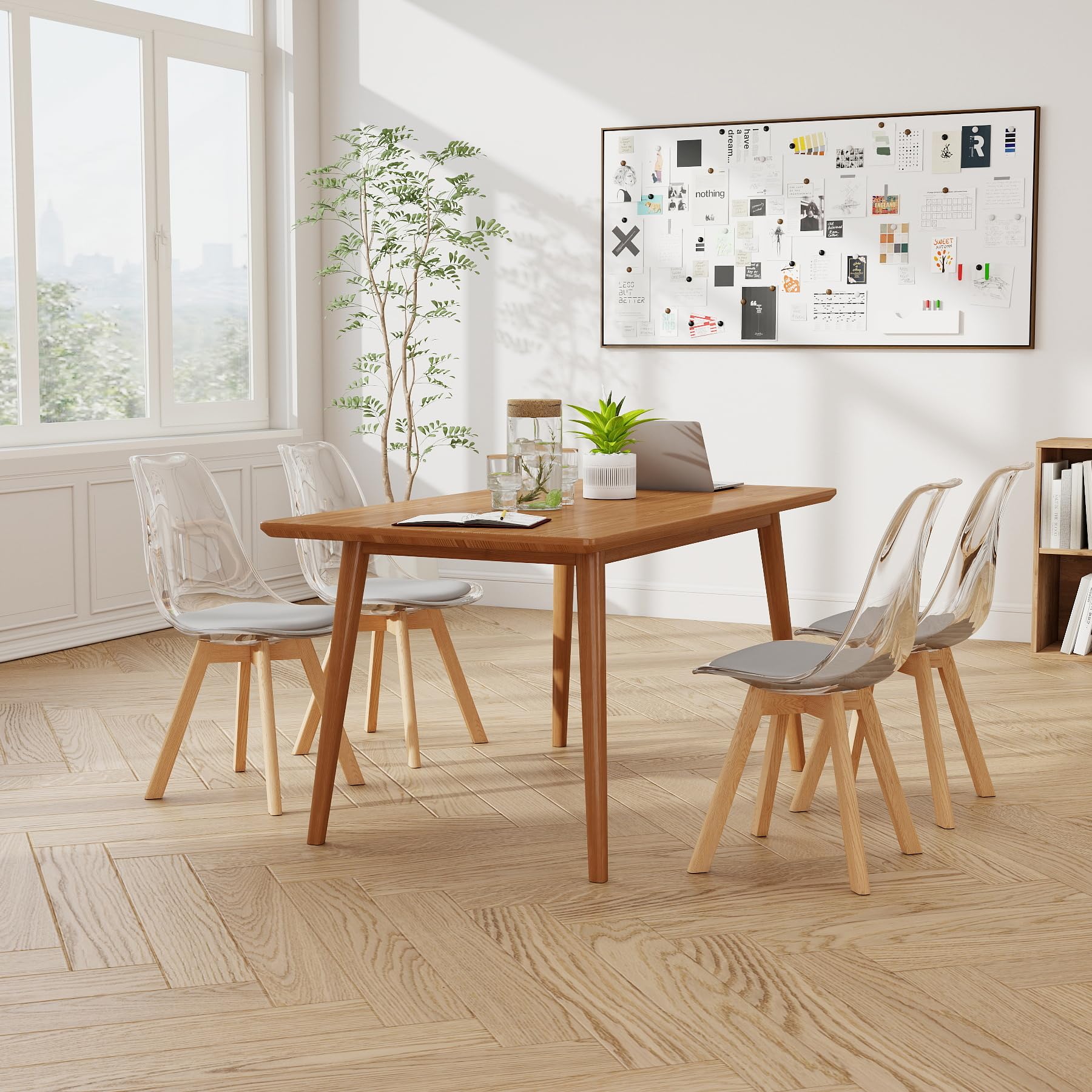 GrandCA HOME Juego de 4 Sillas Nórdicas, Respaldo Transparente,Patas Haya | Silla ergonómica Para Cenas Familiares, Apartamentos y Restaurantes,Almohadón PU, Fácil Limpieza y Montaje Rápido,Gris - PU